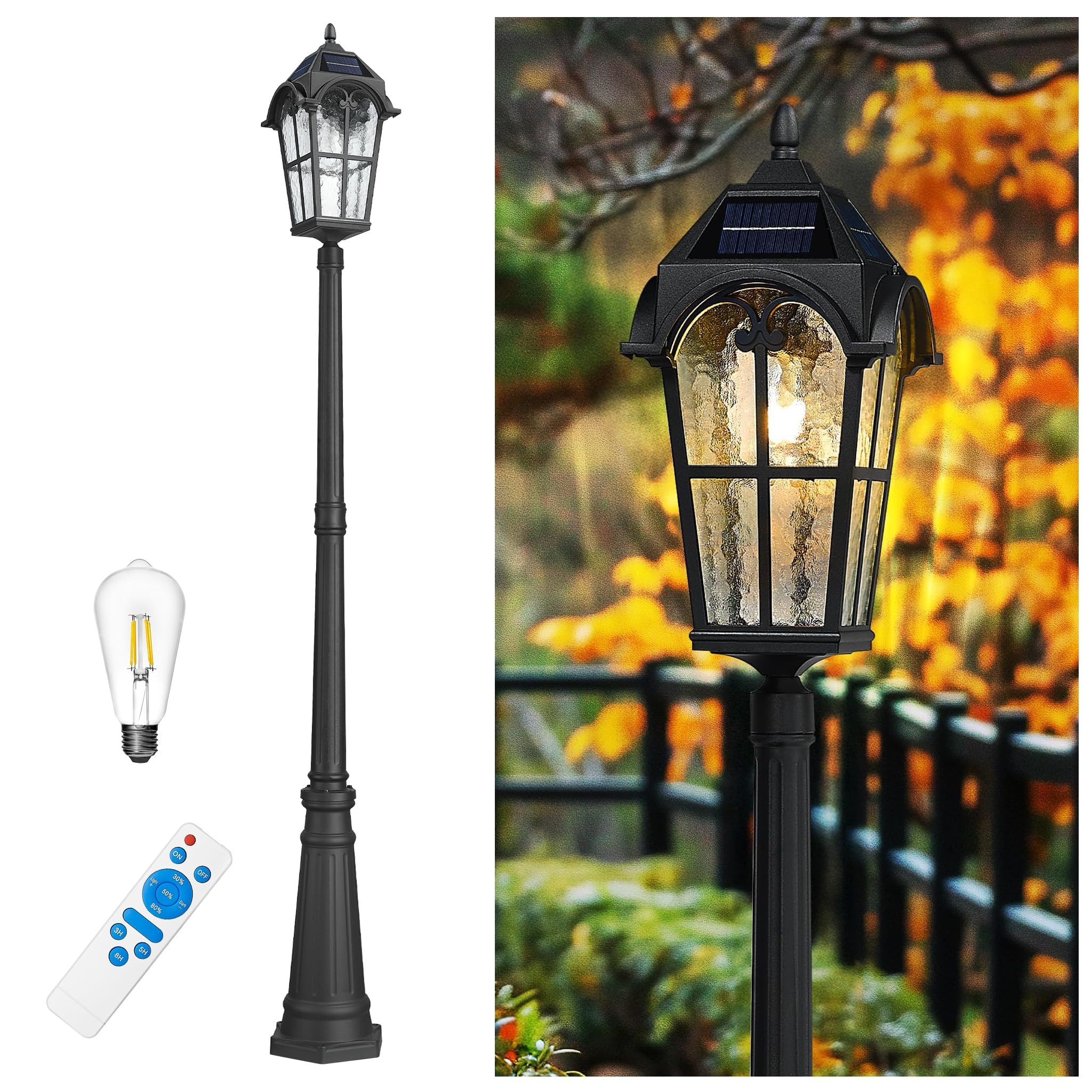 Emliviar Solar Powered Street Light Fixture, 85.4in Waterproof, LED Bulb, Remote Control, Aluminum, Black, Model YXE302MPL-SL BK