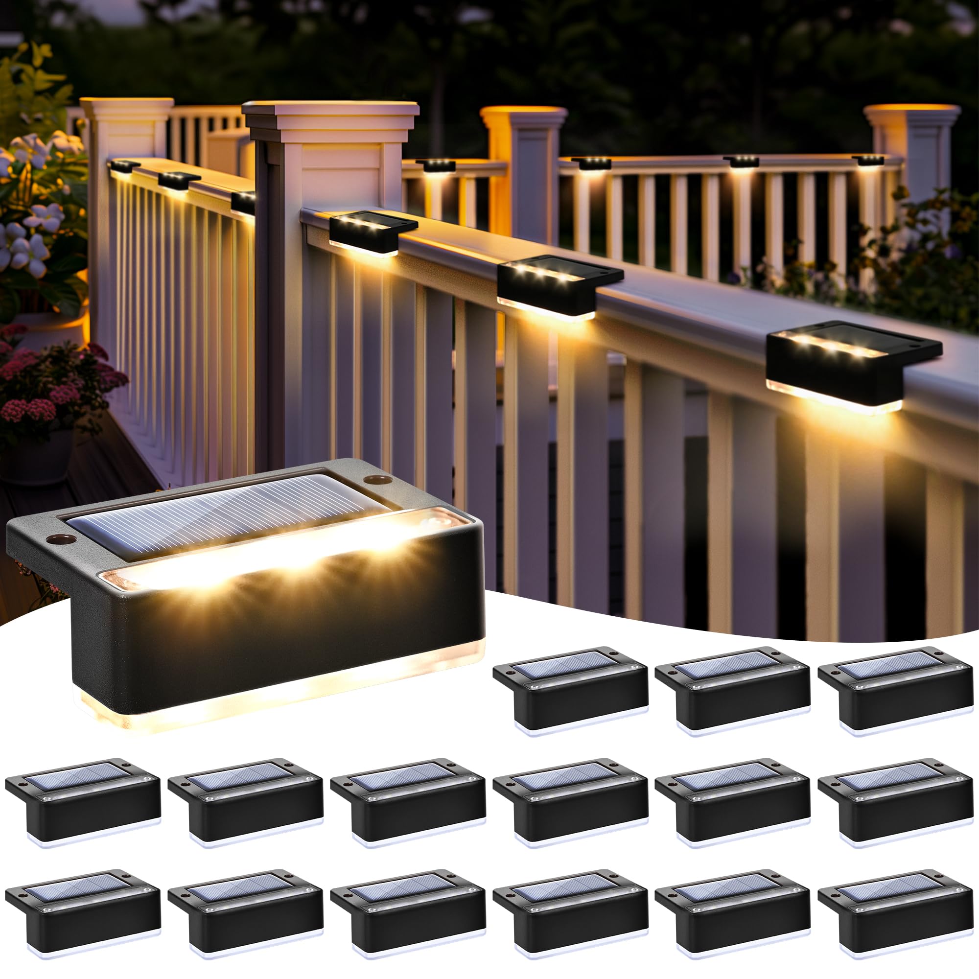 PATIOWIN 16 Pack Fence Lights Solar Powered, Auto 2-Sided LED Solar Lights Outdoor Decoration for Fence, Stair, Front Porch, Bal