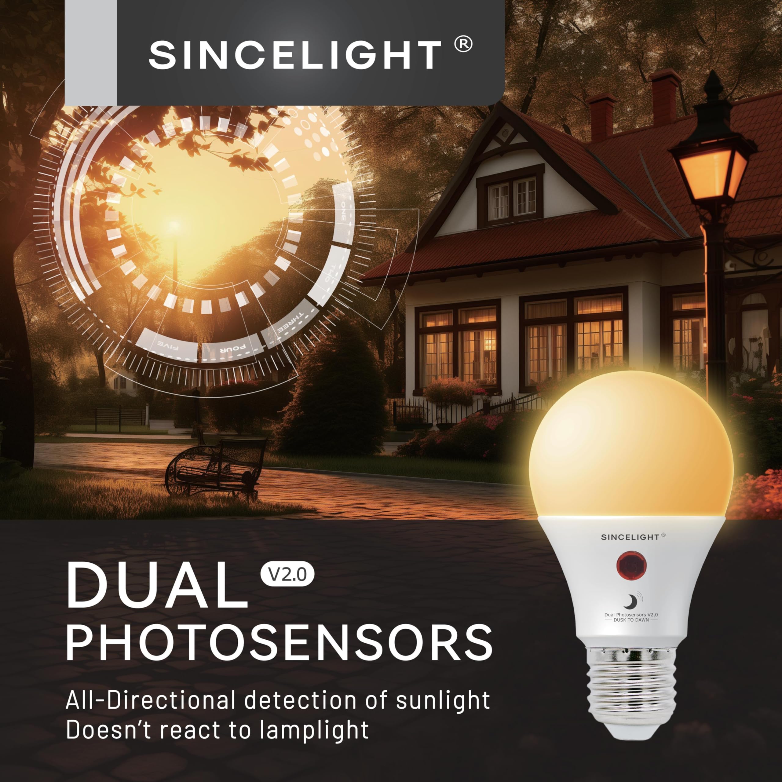 SINCELIGHT Dusk to Dawn LED Bulbs, 9 Watt, 4000K Neutral White, E26, Pack of 2, Automatic ON/OFF with Dual Daylight Sensor