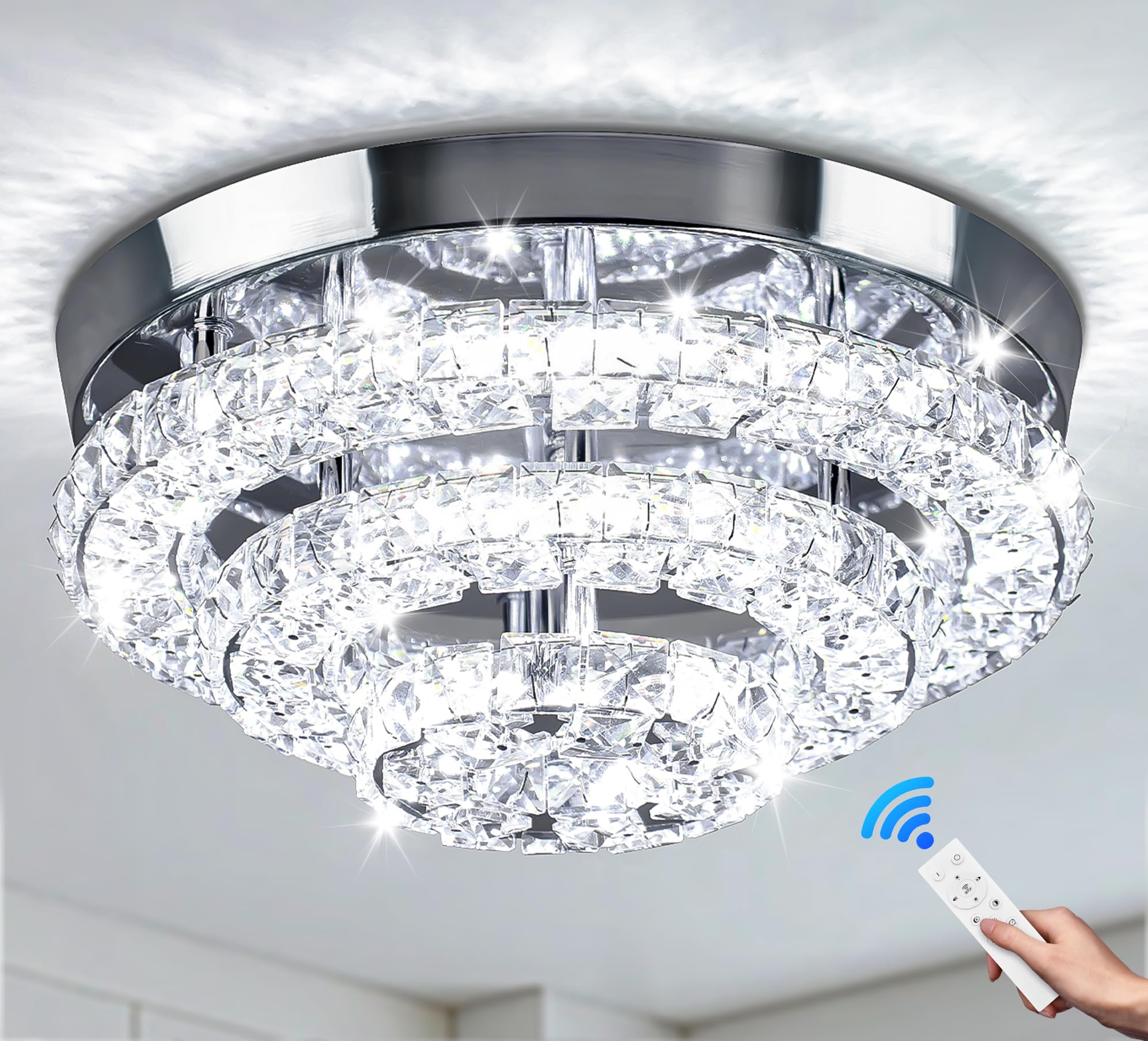 Cainjiazh Crystal Chandelier LED Flush Mount Light Fixture, 11.8in, Stainless Steel, Dimmable with Remote Control, Modern Three-Tier Design