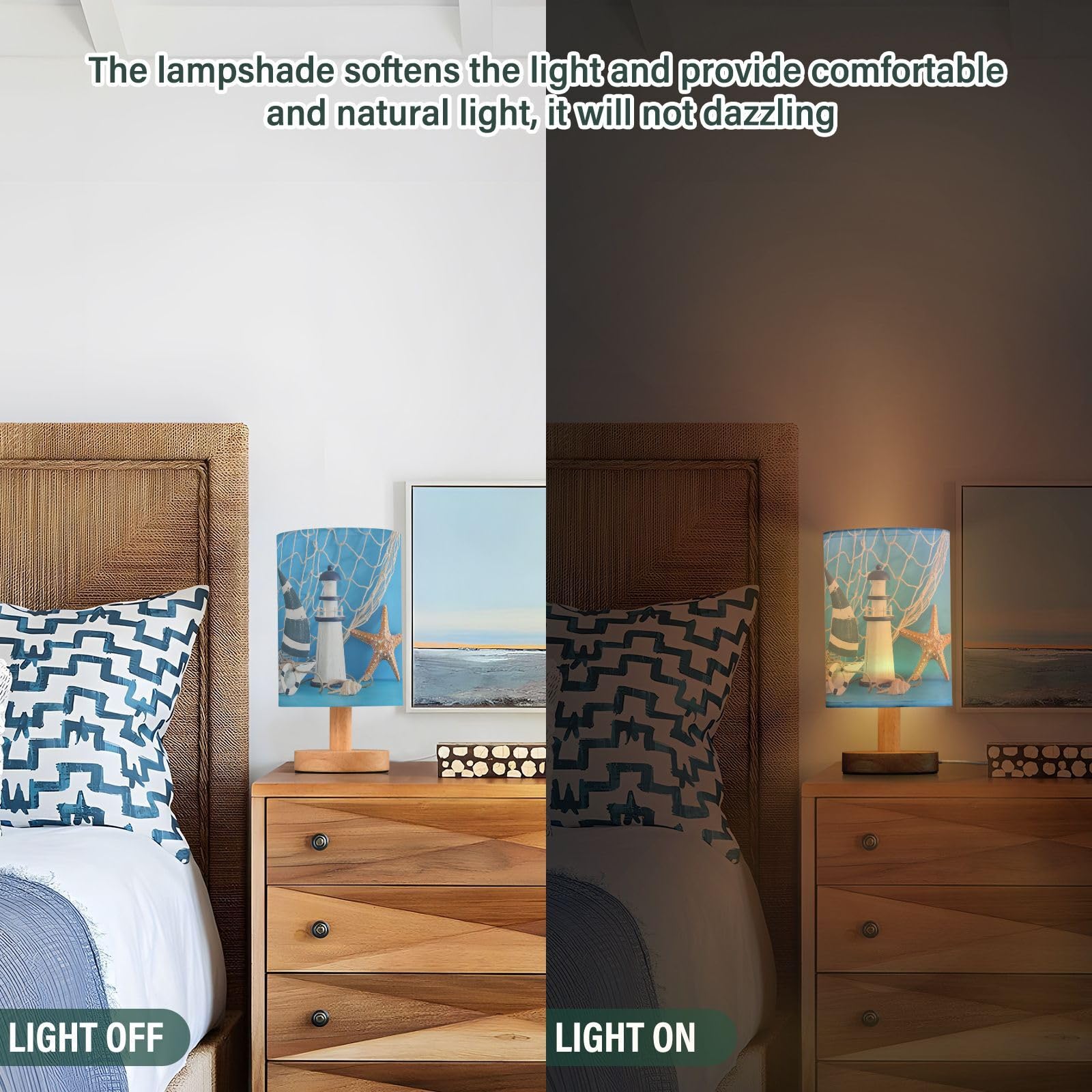 Yyzzh Table Lamp Nautical Sailboat Lighthouse Starfish Seashell Fishnet Blue Wood Nightstand Lamp With Wood Base Fabric Lamp Sha