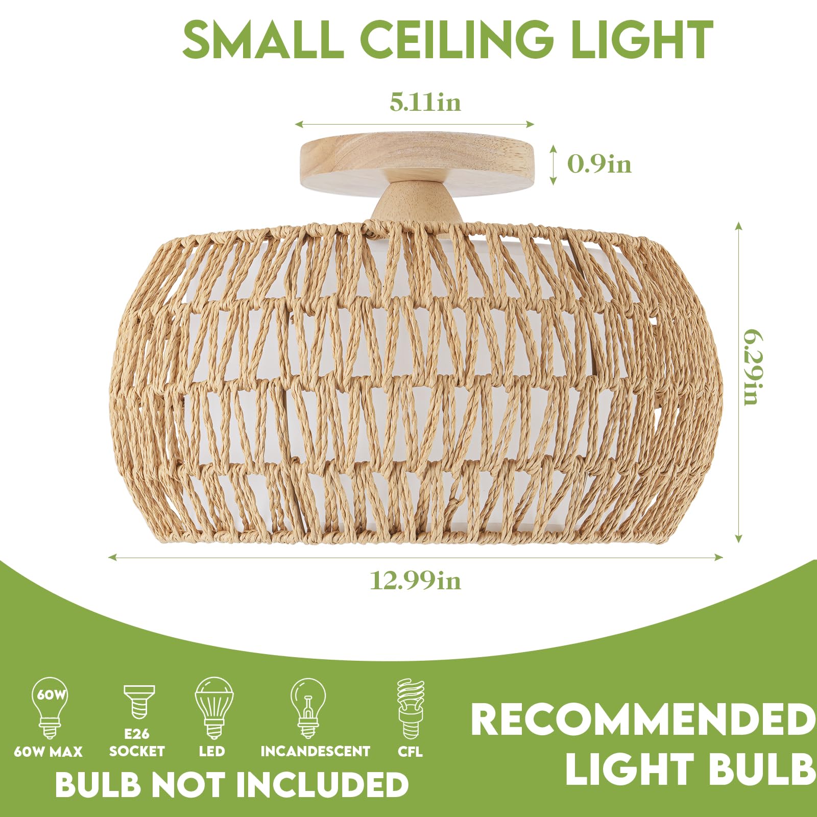 Dsliting Rattan Chandelier Boho Ceiling Light Fixtures Drum Flush Mount Ceiling Light Small Woven Chandelier For Kitchen Bedroom