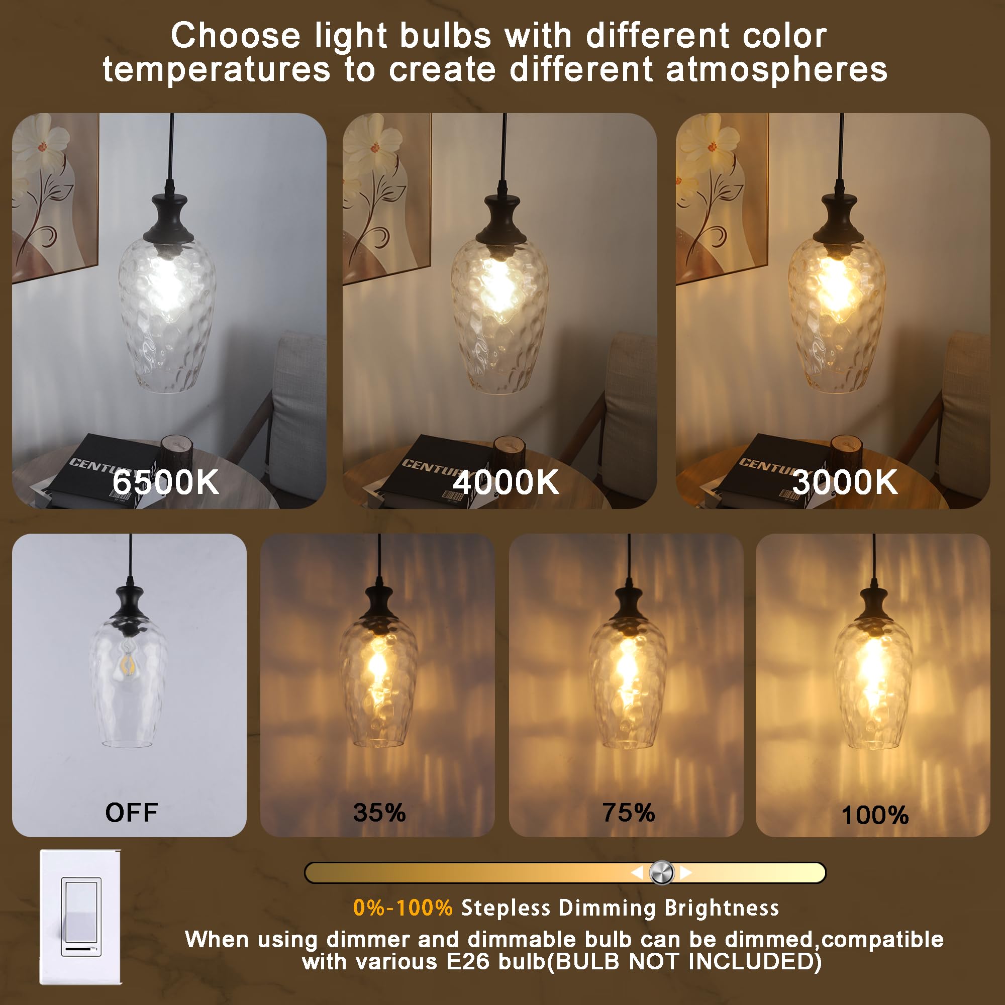 Saduenfr Glass Pendant Lights Kitchen Island, 1-Light Black Pendant Light Fixtures With Hand-Blown Clear Glass, Farmhouse Hangin