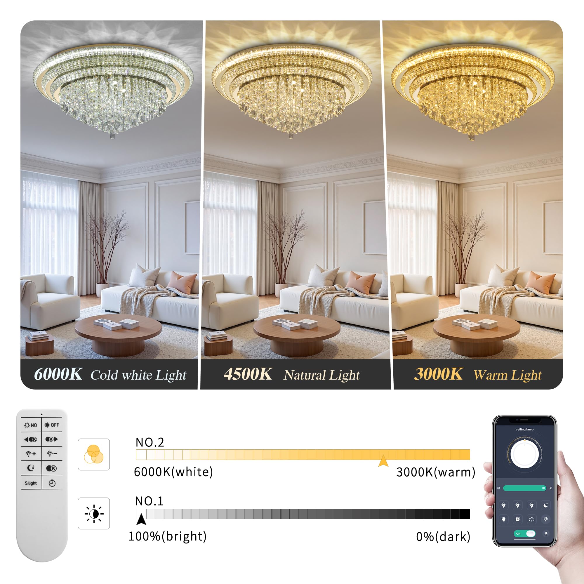40 inch Crystal Gold Ceiling-Light Flush Mount with Remote Control and APP, 3CCT Dimmable & Brightness Adjustable, Modern Crysta