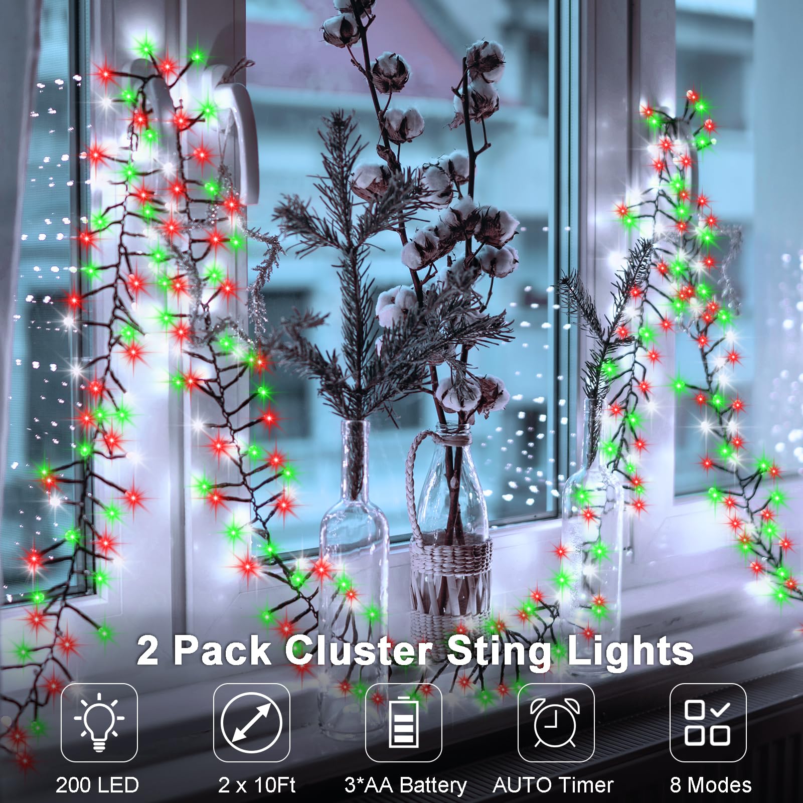Bsglobal 2 Pack Christmas Lights Red White Green, Total 20Ft 400 Led String Cluster Lights With Timer 8 Modes Christmas Firecrac