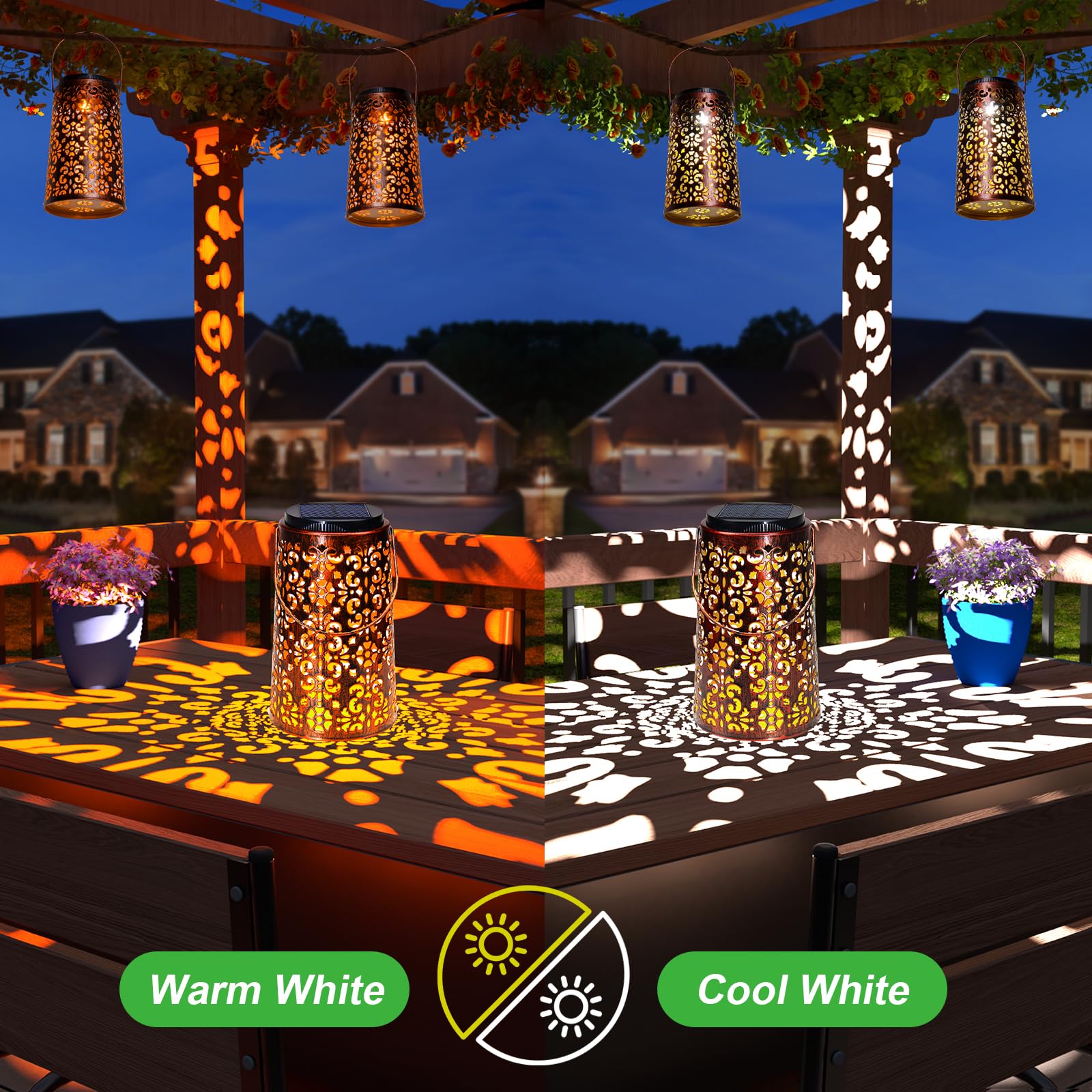 JSOT Solar Lanterns - Outdoor Waterproof Metal Decorative Lights, 4 Pack, Retro Style, Floral, Model XX-021