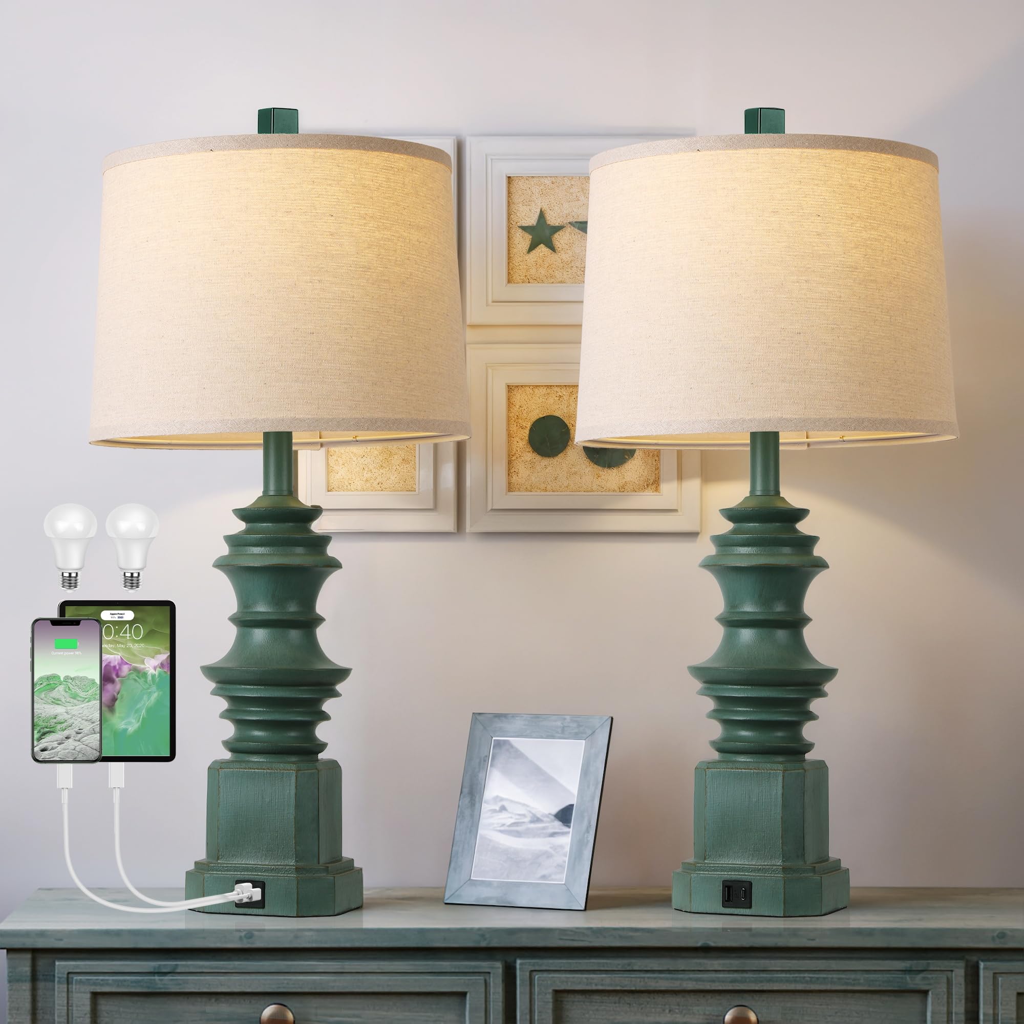 QiMH Table Lamps Set of 2, USB A+C Ports, Farmhouse Style, White Fabric Shade, Green, Model STR-DL-0087
