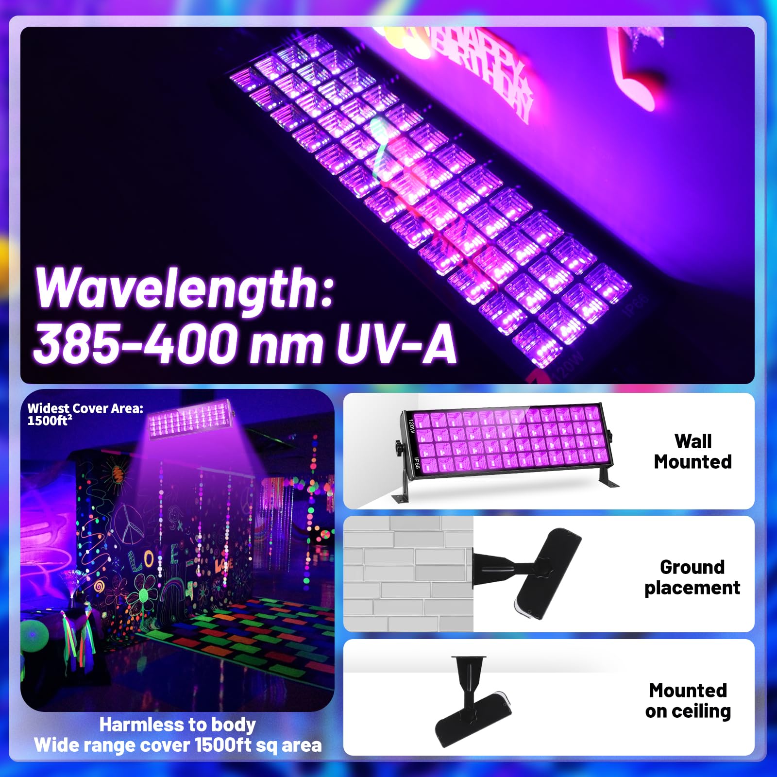 Yqnlifa 120W Waterproof Led Black Lights, 4 Pack 10Ft Cable Black Light Bar With Plug & Switch, Ip66 Indoor/Outdoor Blacklight F