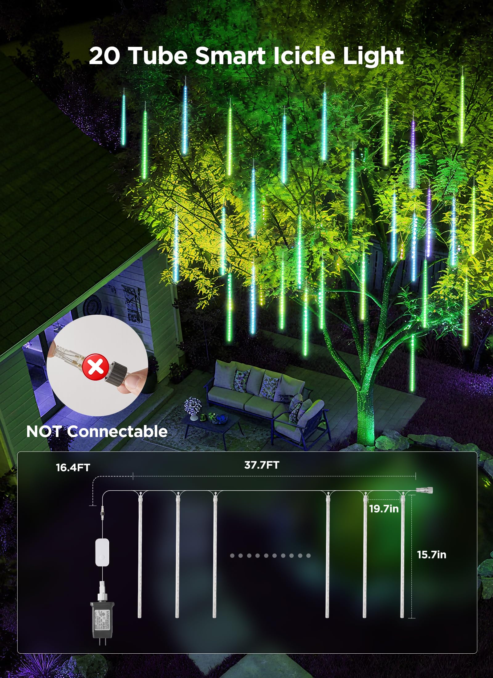 Smartdawn Smart Meteor Shower Rain Lights  24Tube 384Led 37.7Ft Color Changing Icicle Christmas Lights Outdoor Outside  App Controlled Rgb Customize Display Diy Dynamic Lighting Effect