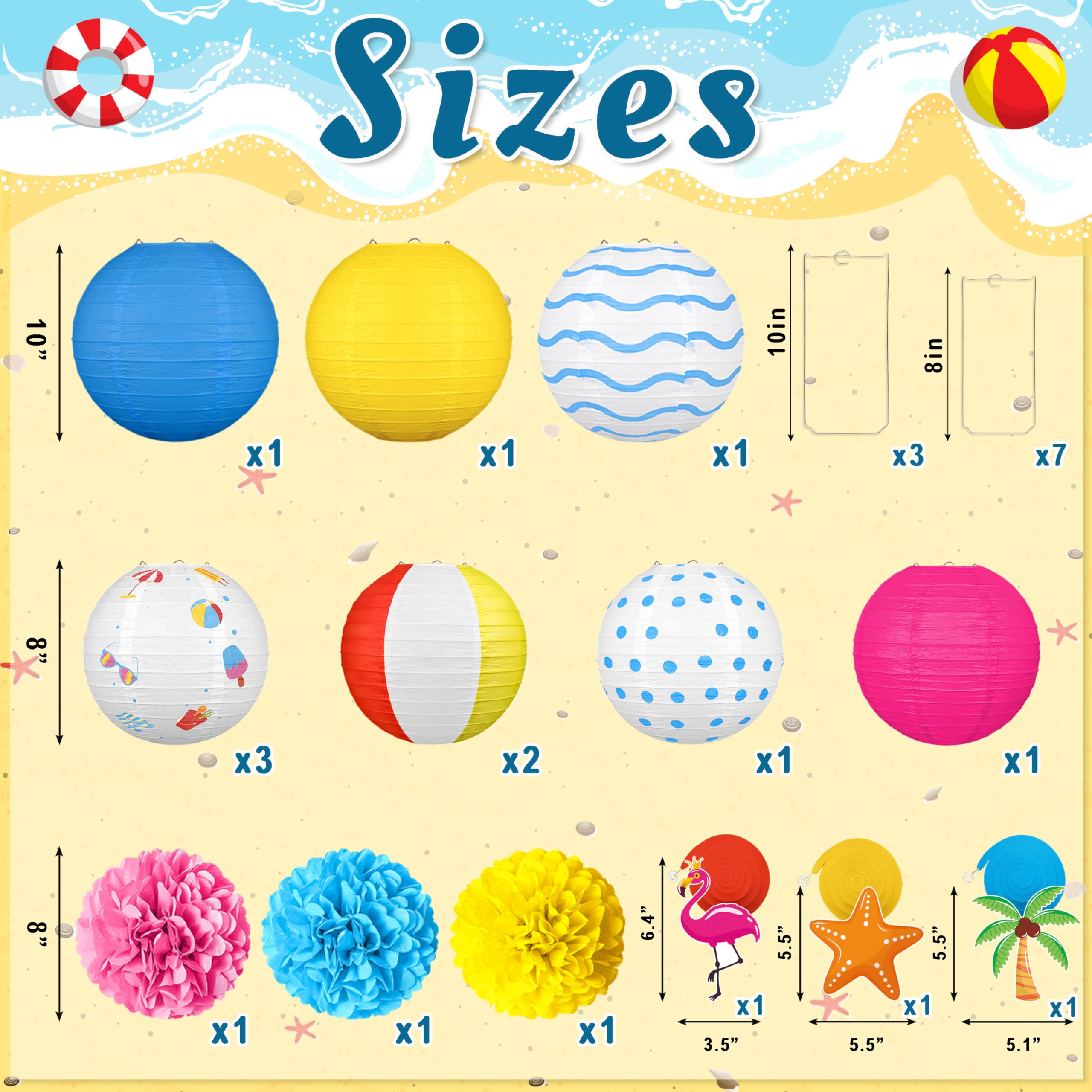 16Pcs Summer Party Decorations Paper Lanterns Pom Poms Hanging Swirls - Beach Pool Luau Hawaiian Tropical Hanging Decor For Home
