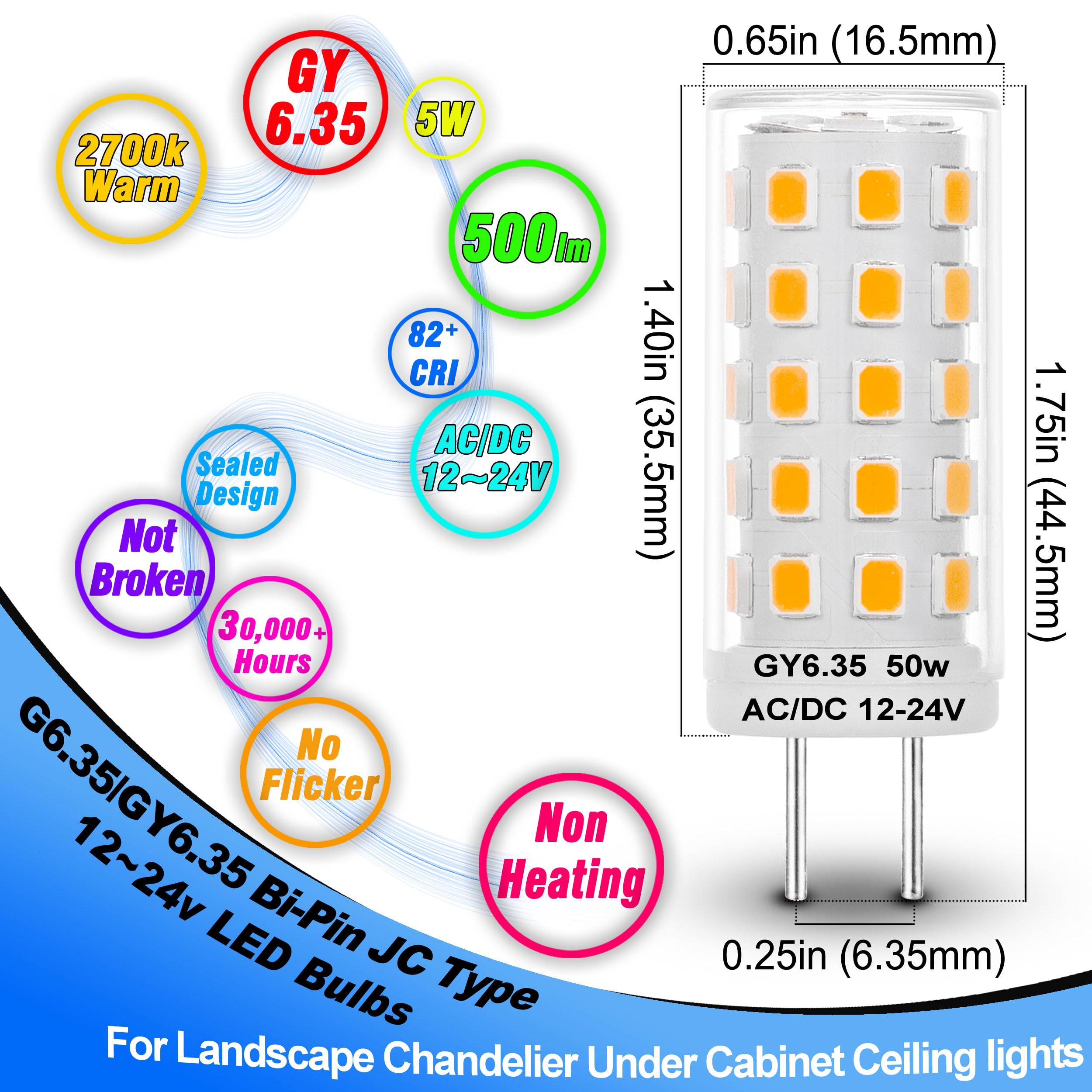 Heifymi GY6.35 5W LED Bulb, Warm White 2700K, Ceramic, Non-Dimmable, 5 Pack, Equivalent to 50W Halogen for
