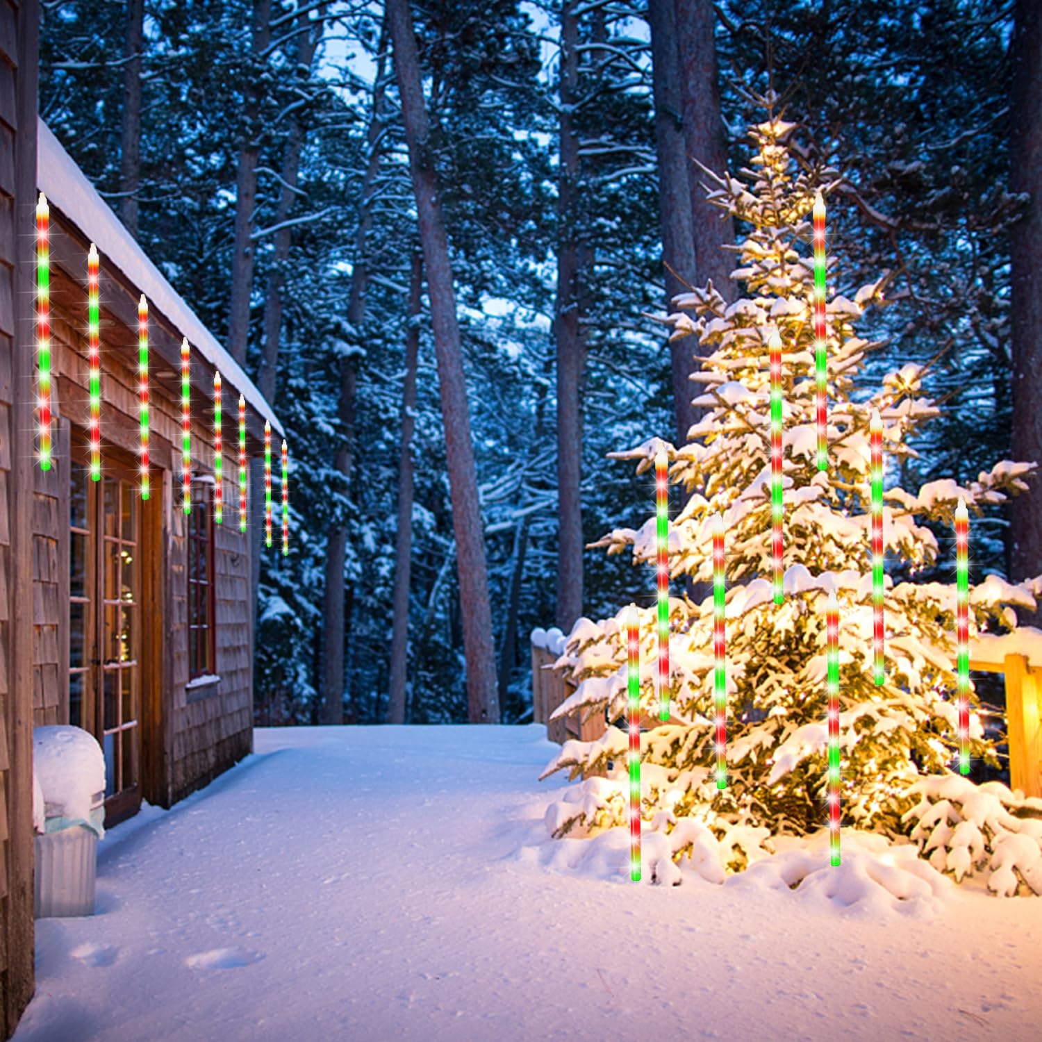LJLNION Meteor Outdoor Icicle Lights, 288 LED, 12 Inch, Red & Green, Snow Falling, Connectable, Model 288L
