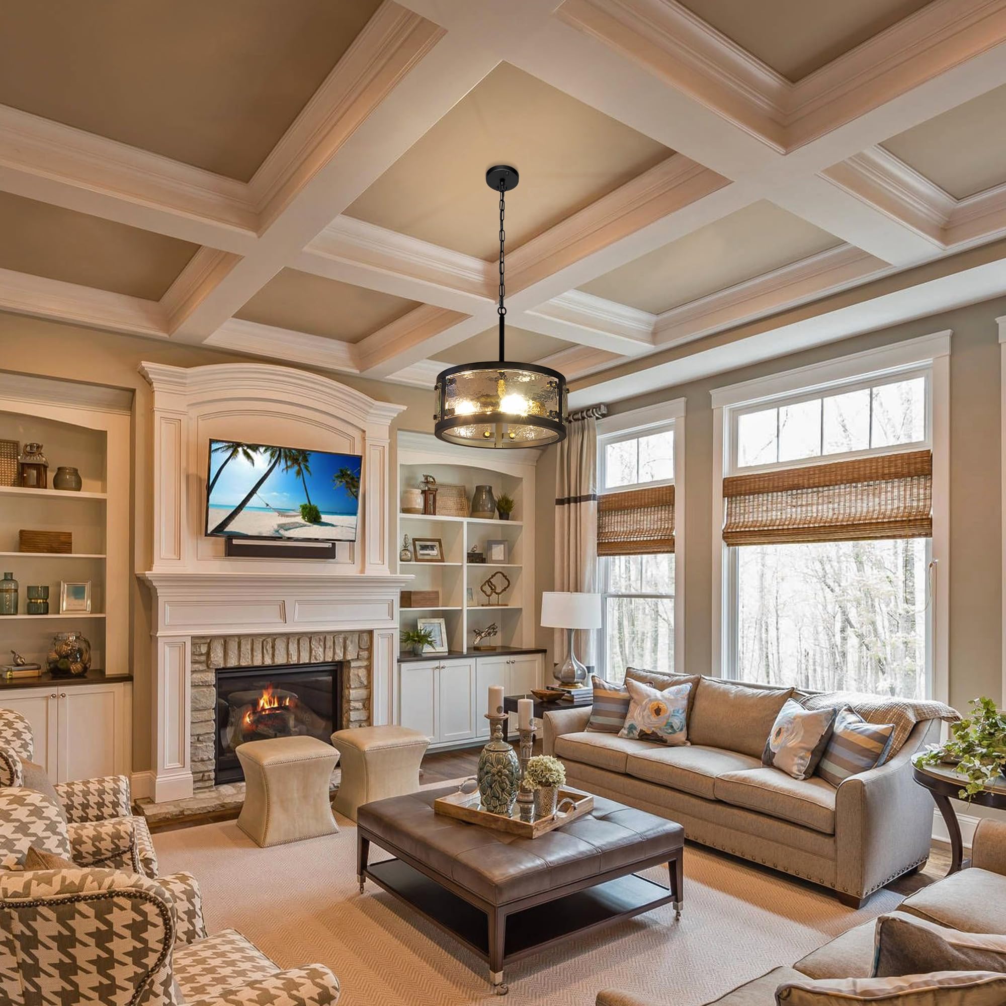 Cnratye 13'' Industrial Drum Glass Chandelier, 3-Light Rustic Hanging Pendant Lights, Metal Round Lighting Fixture For Dining Ro