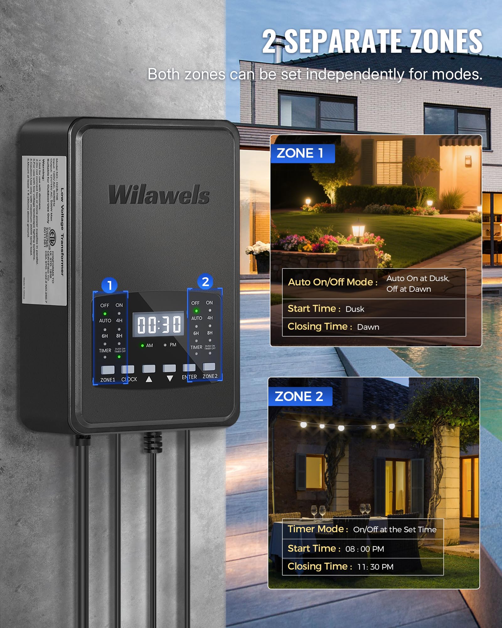 Wilawels 500W Low Voltage Landscape Transformer  2 Zone Independent Control Landscape Lighting Transformer  120Vac To 12/14V Ac Low Voltage Transformer With Timer & Photocell Sensor Etl Listed D24Lt06