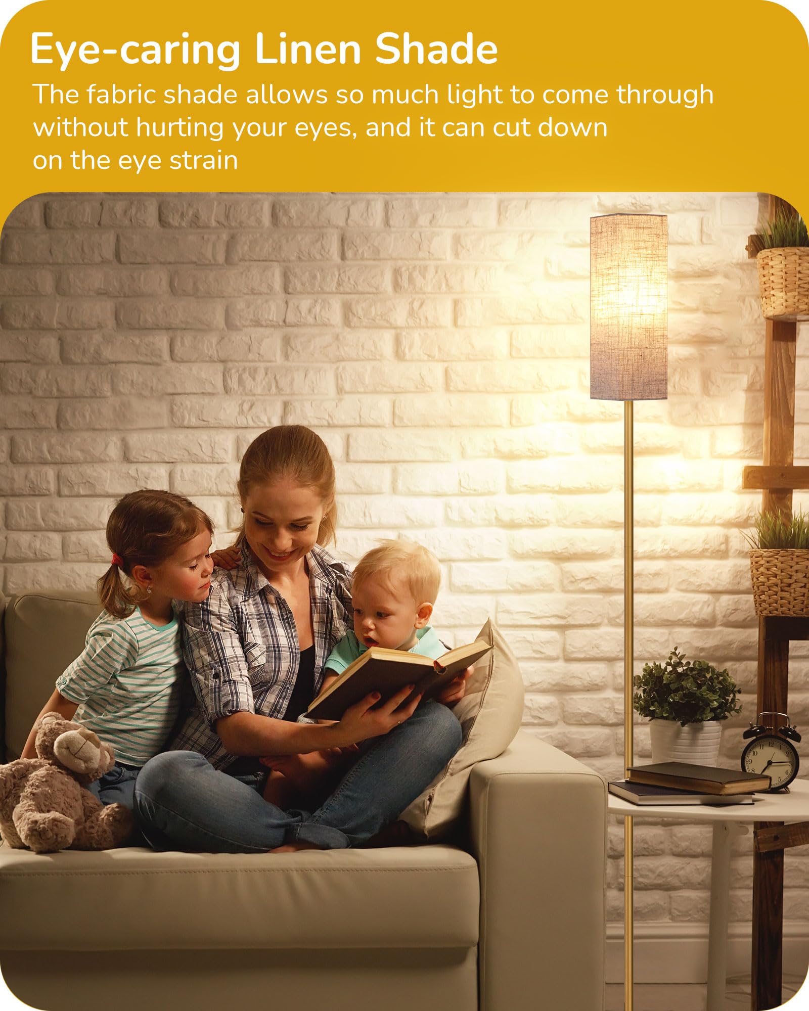 EDISHINE Modern Corner Floor Lamp, 65in Tall, Stepless Dimmable, Gold, Model HFLCB1A, Includes 9W LED Bulb