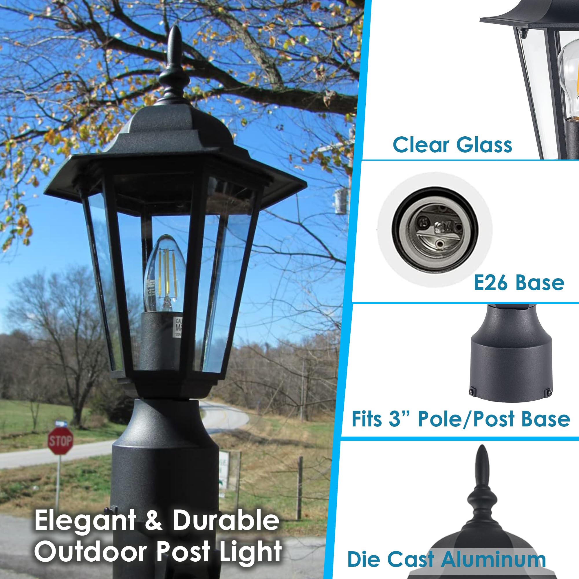 GRUENLICH Outdoor Post Lighting Fixture Pole Lantern, E26 Medium Base Max 60W, Aluminum Housing Plus Glass, Bulb Not Included, B