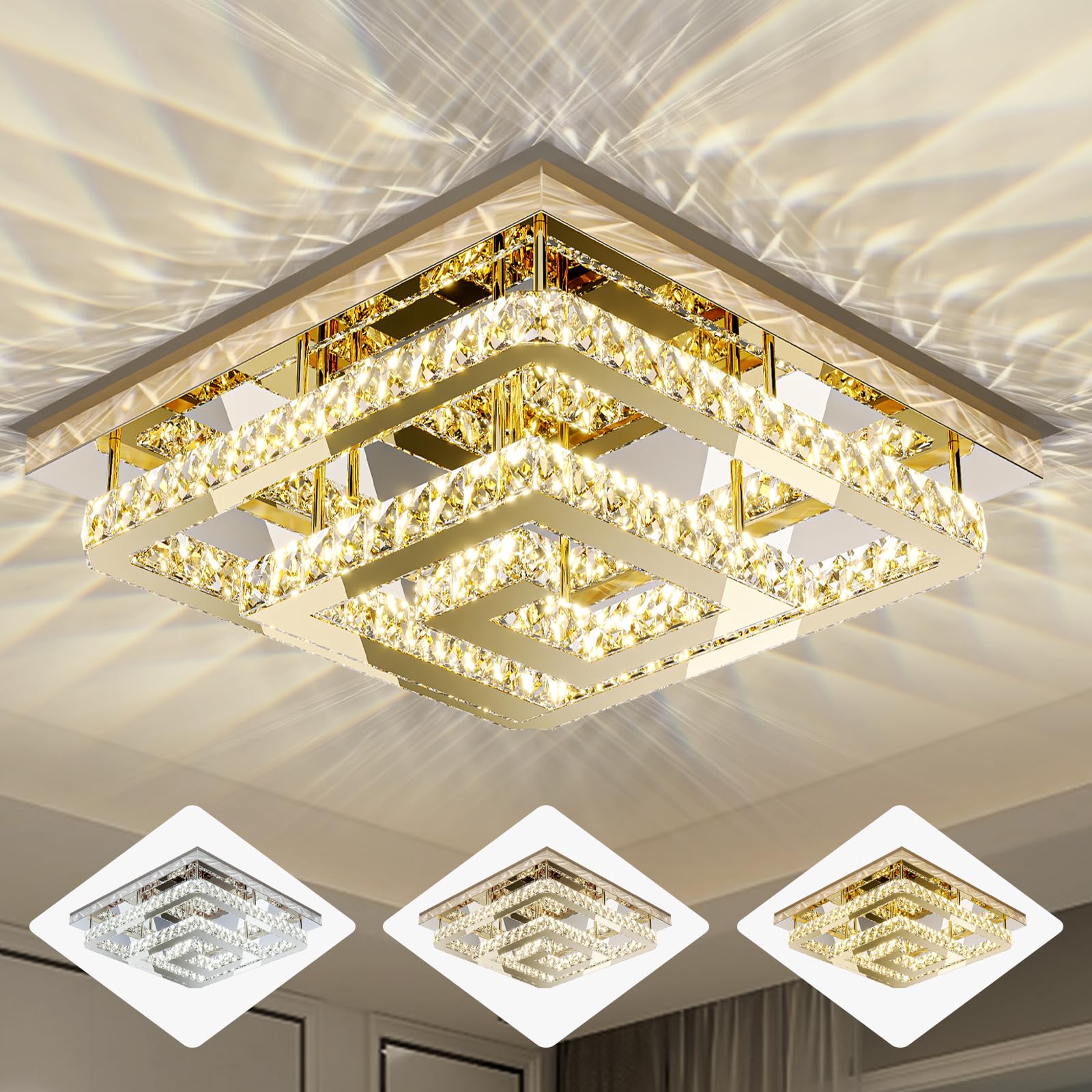 18'' Crystal Gold Chandelier With Remote Control, 3 Color Temperature Light Fixture & Brightness Adjustable, Modern Flush Mount 