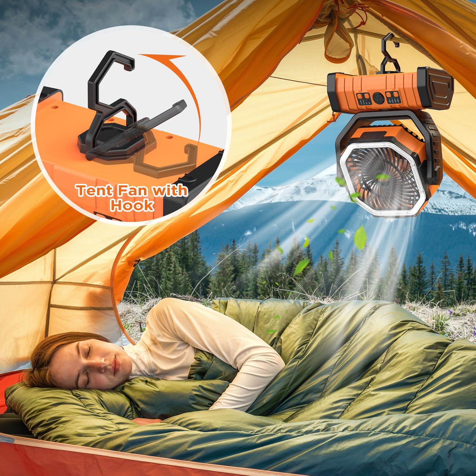 OGERY 20000mAh Rechargeable Camping Fan with LED Lantern, Remote Control, 4 Speeds, Orange, Model F6