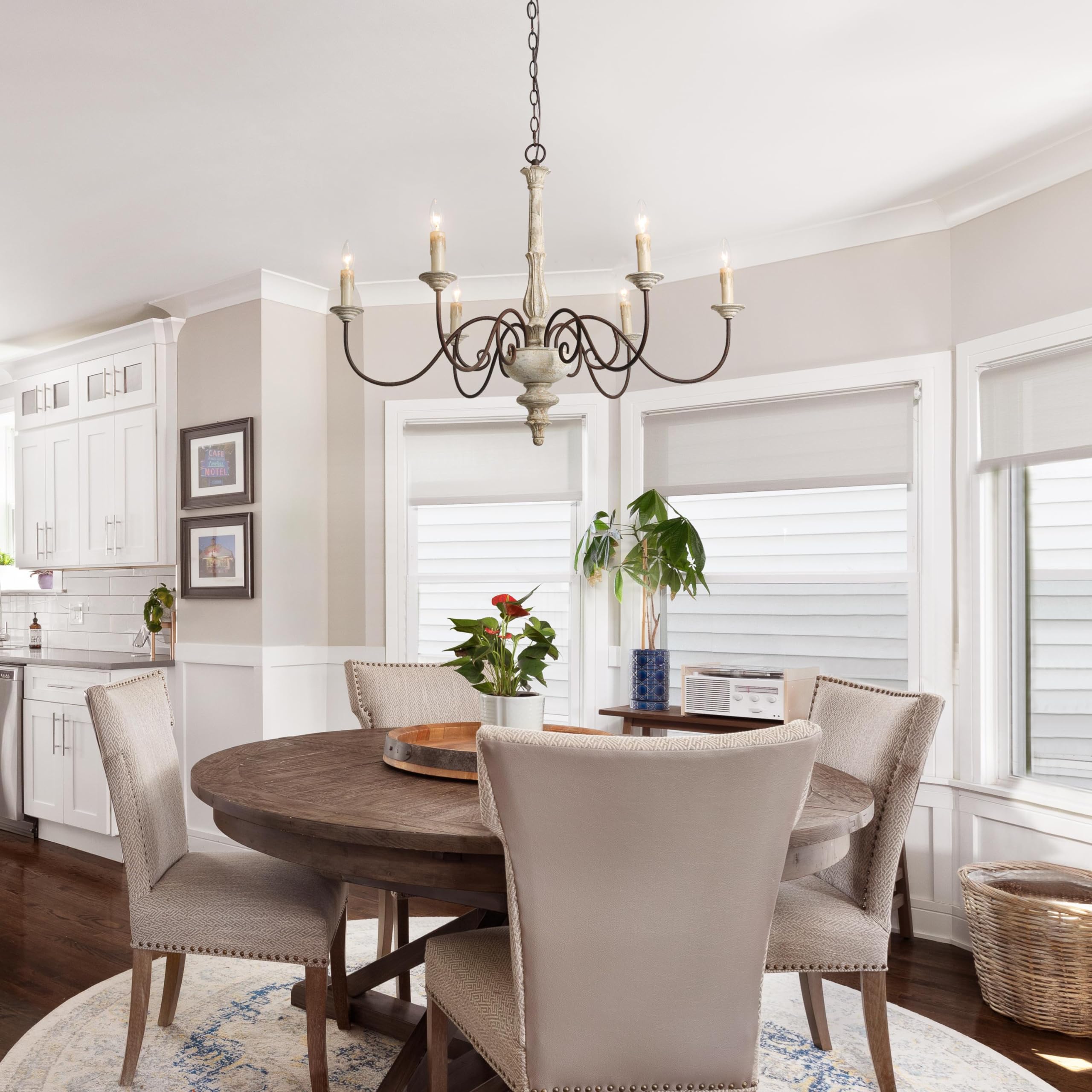Gepow Farmhouse Chandelier, 6-Light Wood French Country Chandelier, Rustic Wooden Chandeliers Light Fixture For Dining Room, Liv