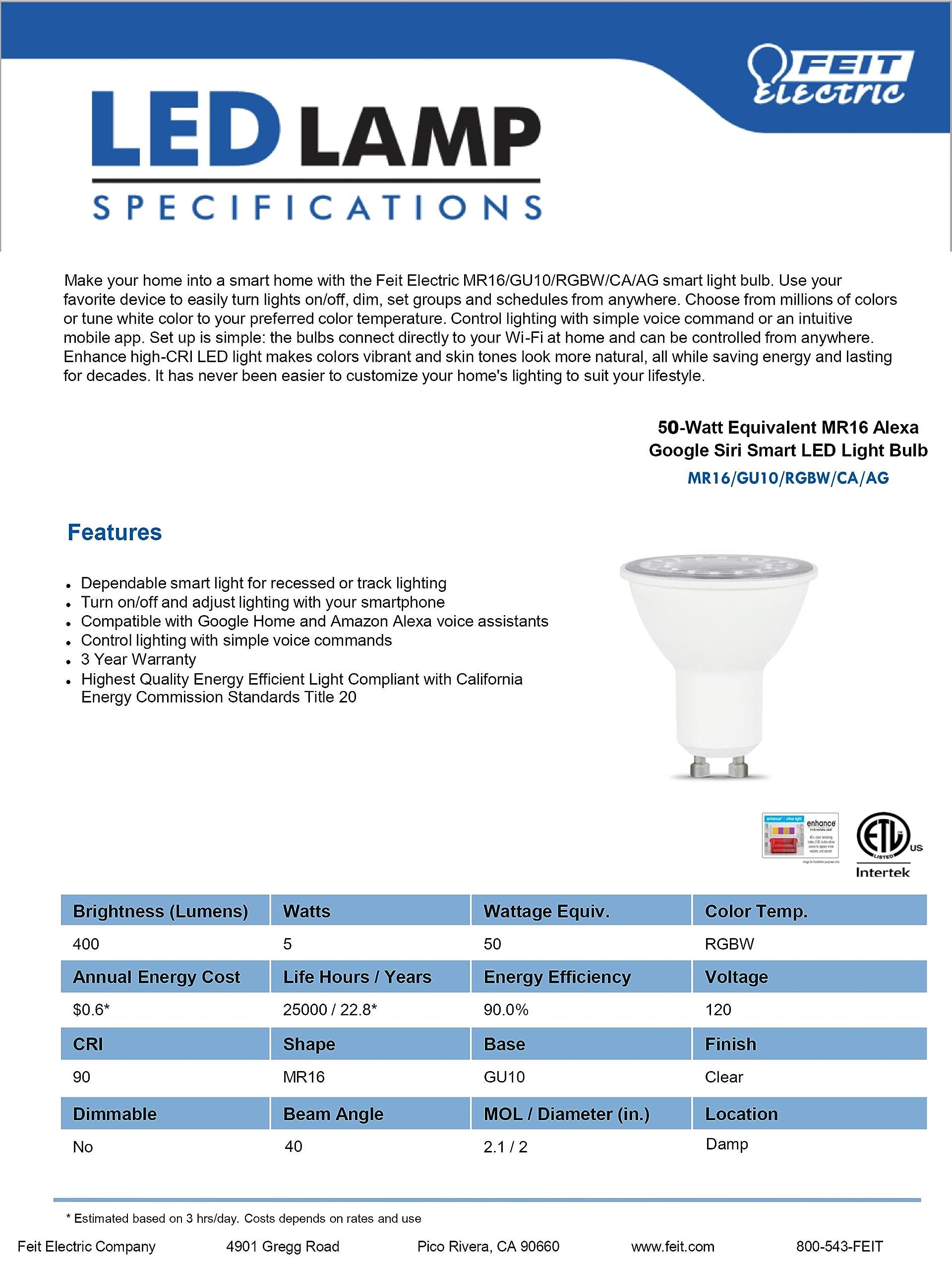 Feit Electric 50-Watt Equivalent Mr16 Alexa Google Siri Smart Rgbw Led Light Bulb White