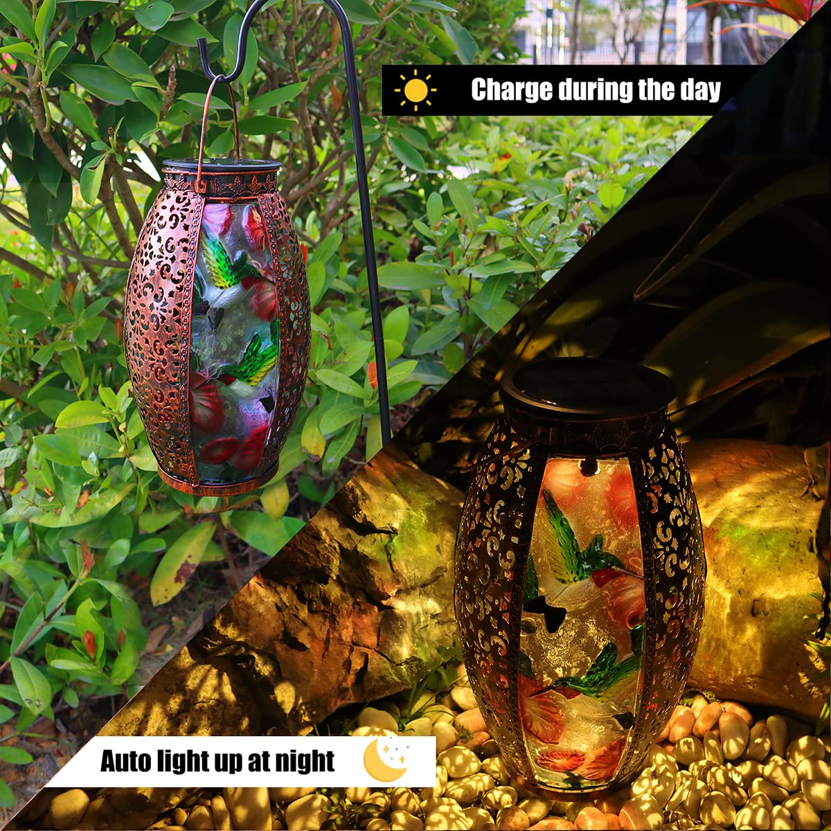 Solar Lanterns Outdoor Light - Solar Powered Led Hummingbird Glass Lights Decorative Waterproof Tabletop Lamp With Hollowed-Out Design For Indoor Yard Table Patio Garden Pathway Holiday
