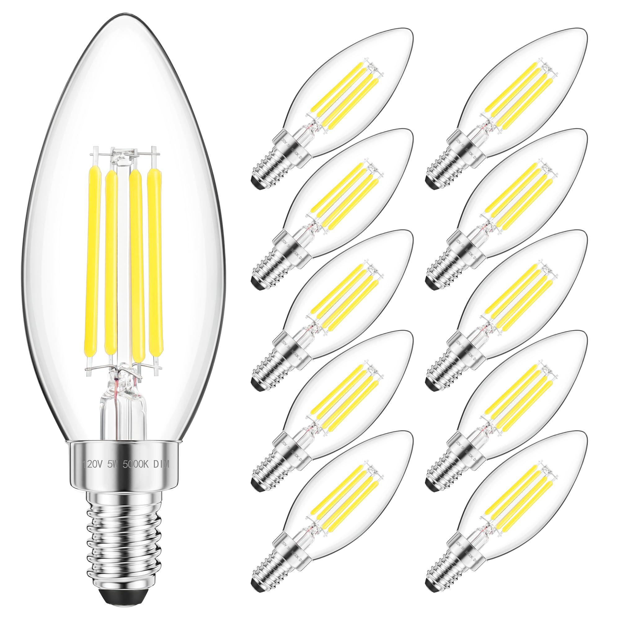 GGOYING E12 Candelabra LED Bulb 60W Equivalent  600LM Dimmable Chandelier Light Bulbs  5000K Daylight White  85+ CRI Candle Base Clear Filament Bulbs  10-Pack