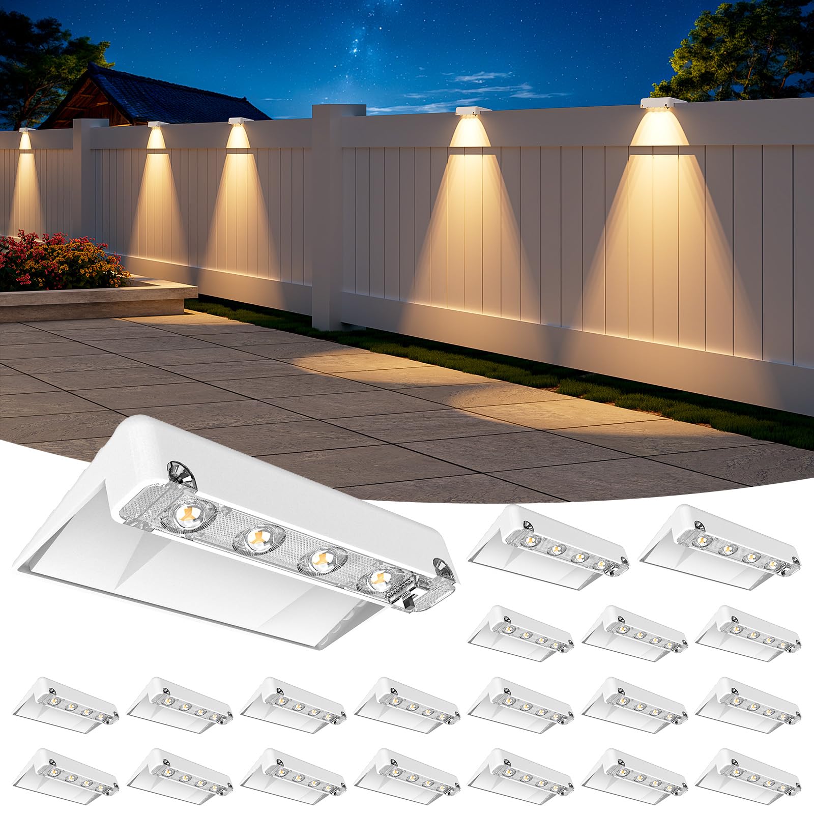 NIORSUN Solar Fence Lights Outdoor 20 Pack  IP65 Waterproof Large Size LED Solar Deck Lights with Lenses  Auto ON Off Warm White Step Lights for Outside  Patio  Fence  Yard and Railing Decor (White)