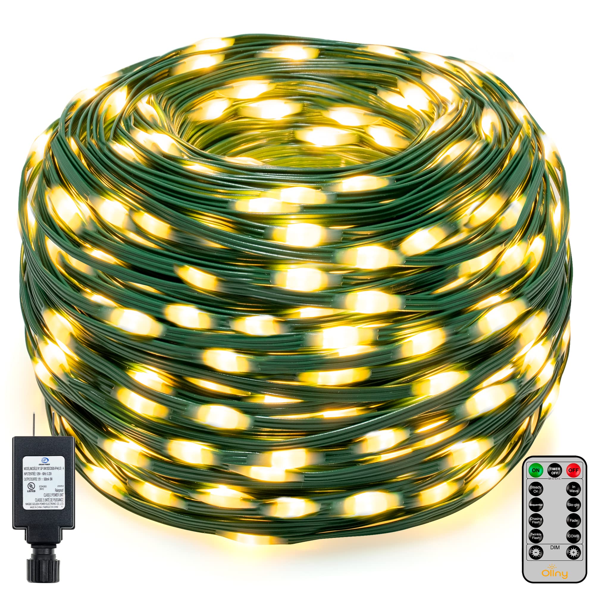 Ollny Christmas Lights 800LED 262FT Plug in  IP67 Waterproof Green Wire Outdoor Christmas Lights with Remote  8 Modes and 3 Timers Christmas Tree Lights for House Indoor Xmas Decorations (Warm White)