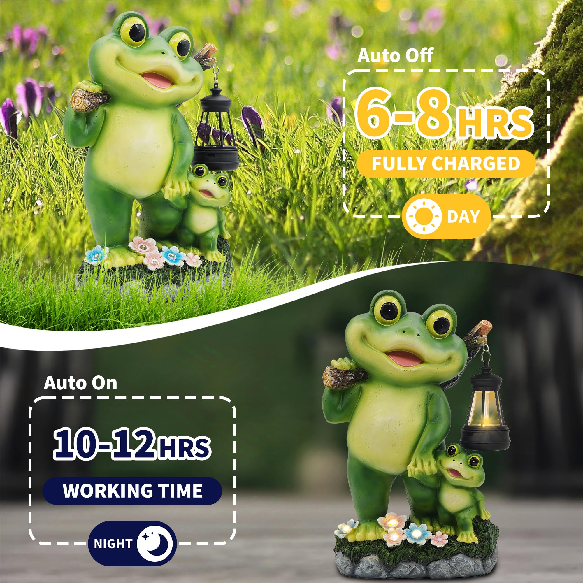 CFFOWNUG Outdoor Frog Garden Decor - 10in Solar LED Lantern Statue, Resin, Frog Color, Model CF-FLOG002