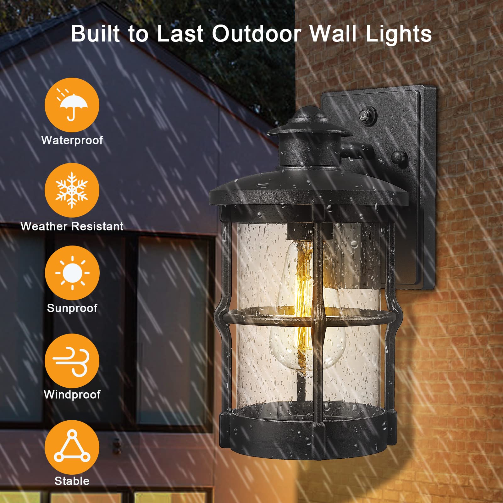 Rosient Outdoor Wall Sconce - Dusk to Dawn Black Metal Entryway Light Fixture, Model DDLTM-W, Seeded Glass, 1 Pack