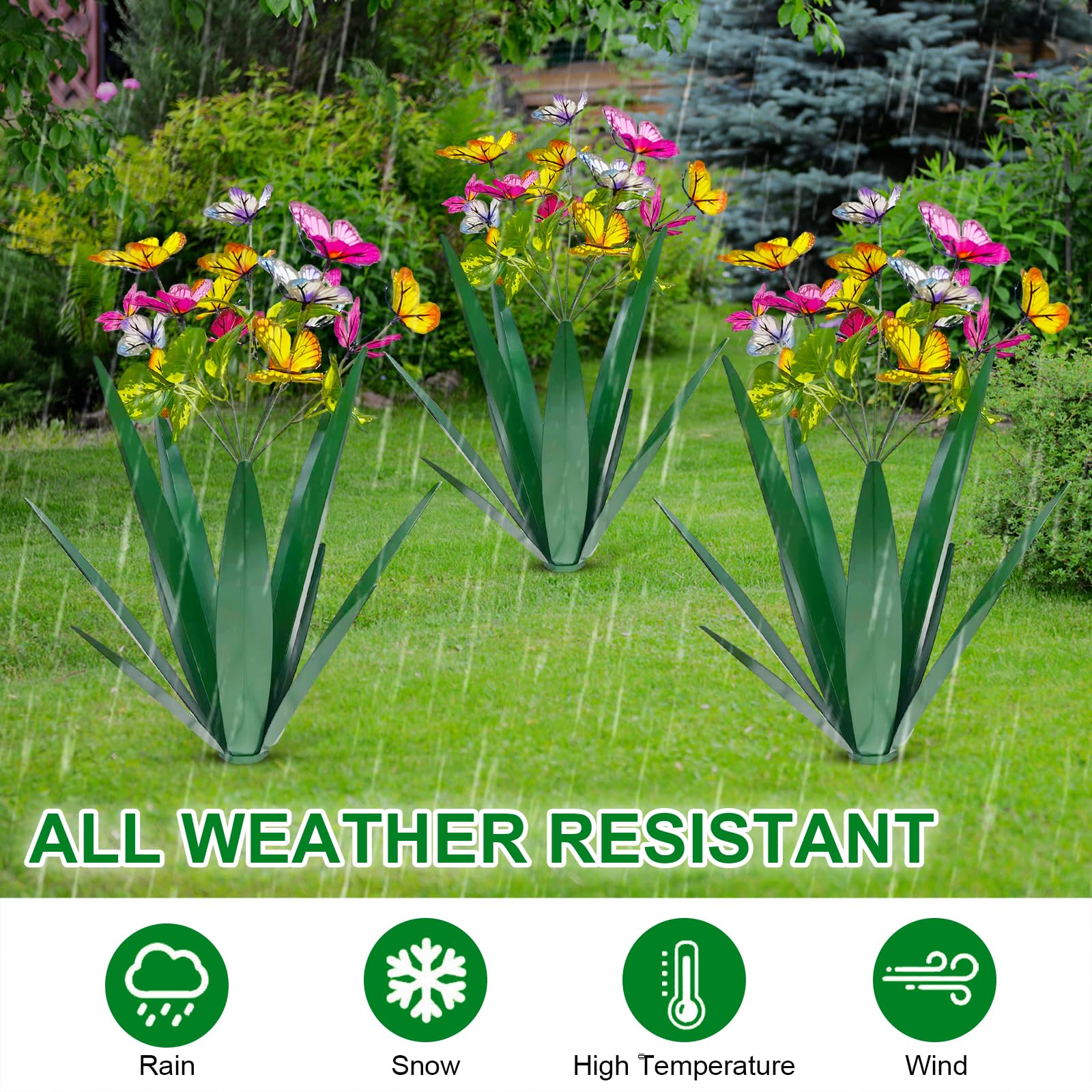 Garden Outdoor Butterfly Enlarge Thickened Wind Resistant Metal Agave Garden Art Metal Plant Country Garden Sculpture Statue Decorations Ornaments Artificial Waterproof Butterflies(Green 3Pcs)