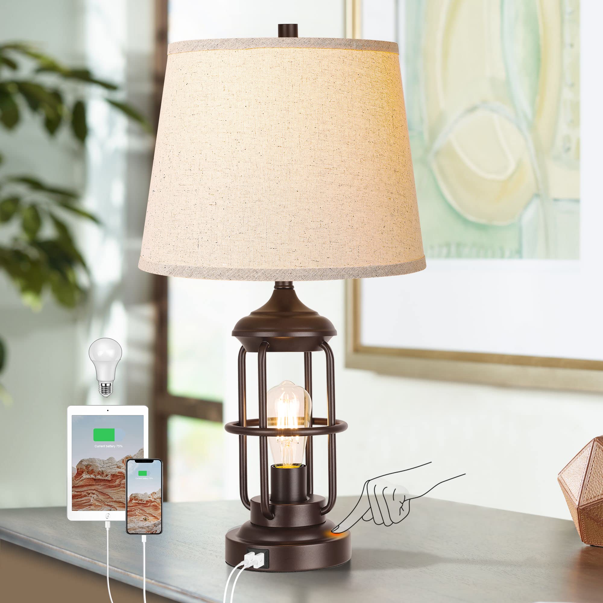 QiMH Table Lamp with USB Ports, Touch Control, 3-Way Dimmable, Beige, Single Pack, Oil Rubbed Bronze, Model STR-DL-0102