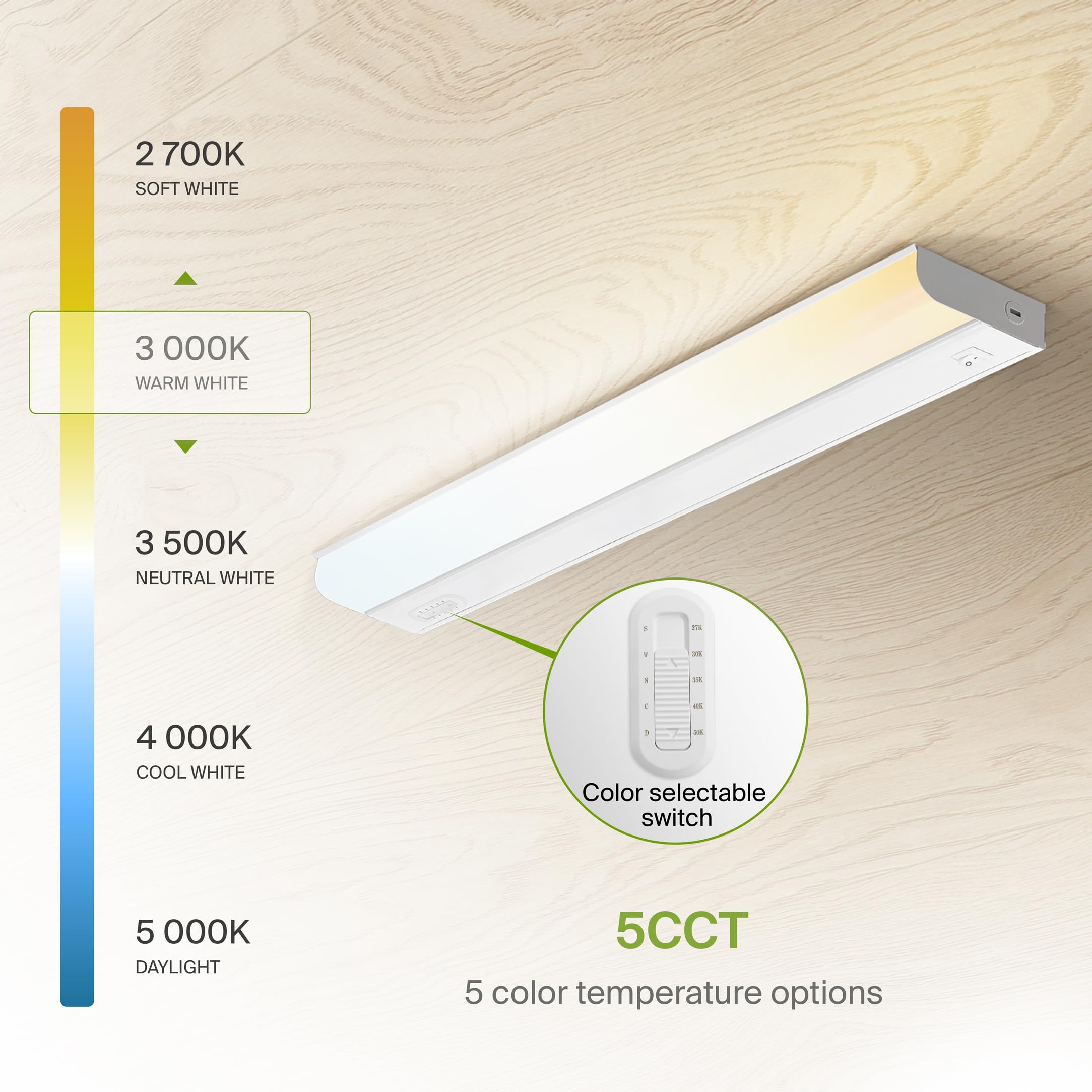 Asd 24 Inch Led Under Cabinet Lighting Hardwired, On/Off & Color Temp Switch, 12W 1051Lm, 5 Cct 2700K-5000K Cri90+, Dimmable Und