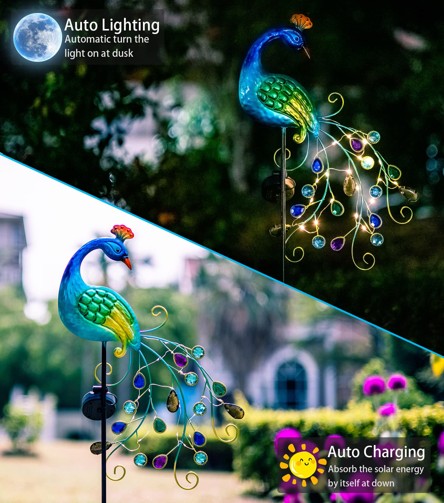Dreamsoul Metal Peacock Garden Solar Lights Outdoor Decorative Garden Stake Lights- Waterproof Peacock Solar Landscape Led Path Lights Patio Yard Garden Lawn Outside Decoration