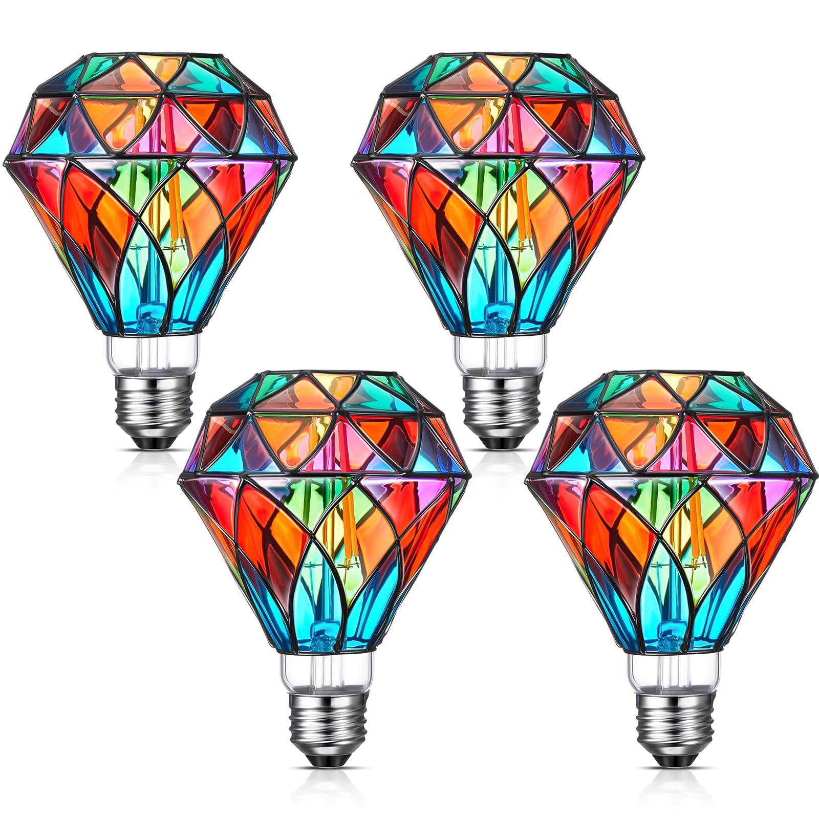 Baquler 4 Pcs Stained Glass LED Light Bulb Diamond Shape E26 Base A60 6 Watts G95 Shape Colorful Flickering Light Bulbs for Chri