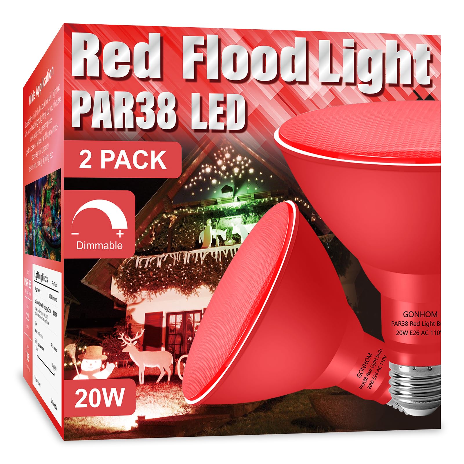 Gonhom 2 Pack Par38 Red Flood Lights Outdoor,Dimmable Flood Red Light Bulb,20W(Equivalent To 200W),E26 Base Red Led Light,Christ