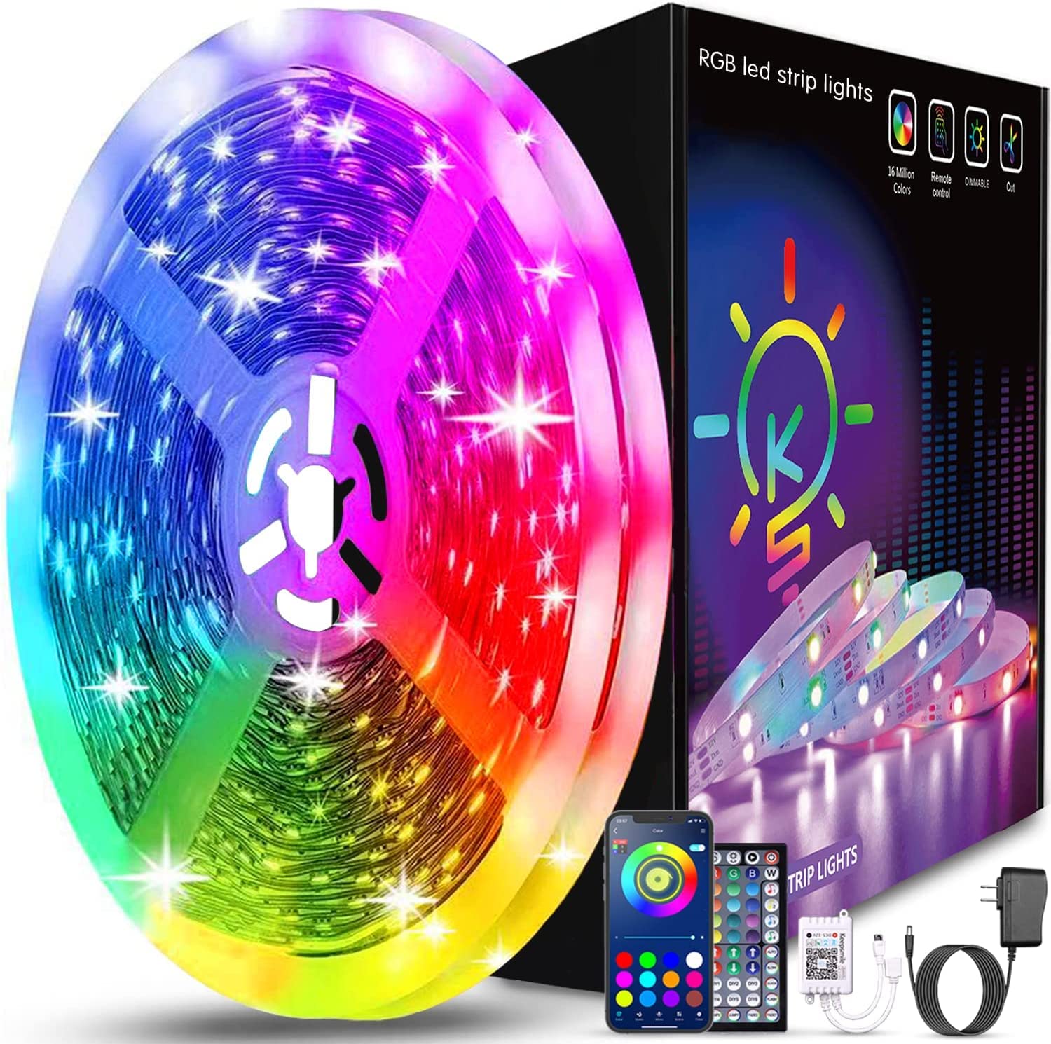Keepsmile 50ft LED Strip Lights, Smart Sync Music, APP Control, Multicolor, Plastic, Model Z-100FT