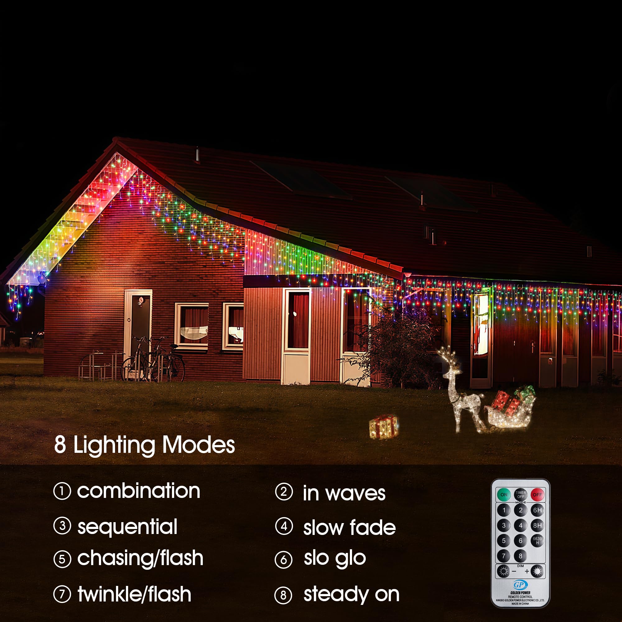 WBao 432 LED Christmas Icicle Lights, 33FT, Remote Control, 8 Modes, Waterproof, Multicolor, Model GP-SW290DC0209-IP44(US) A