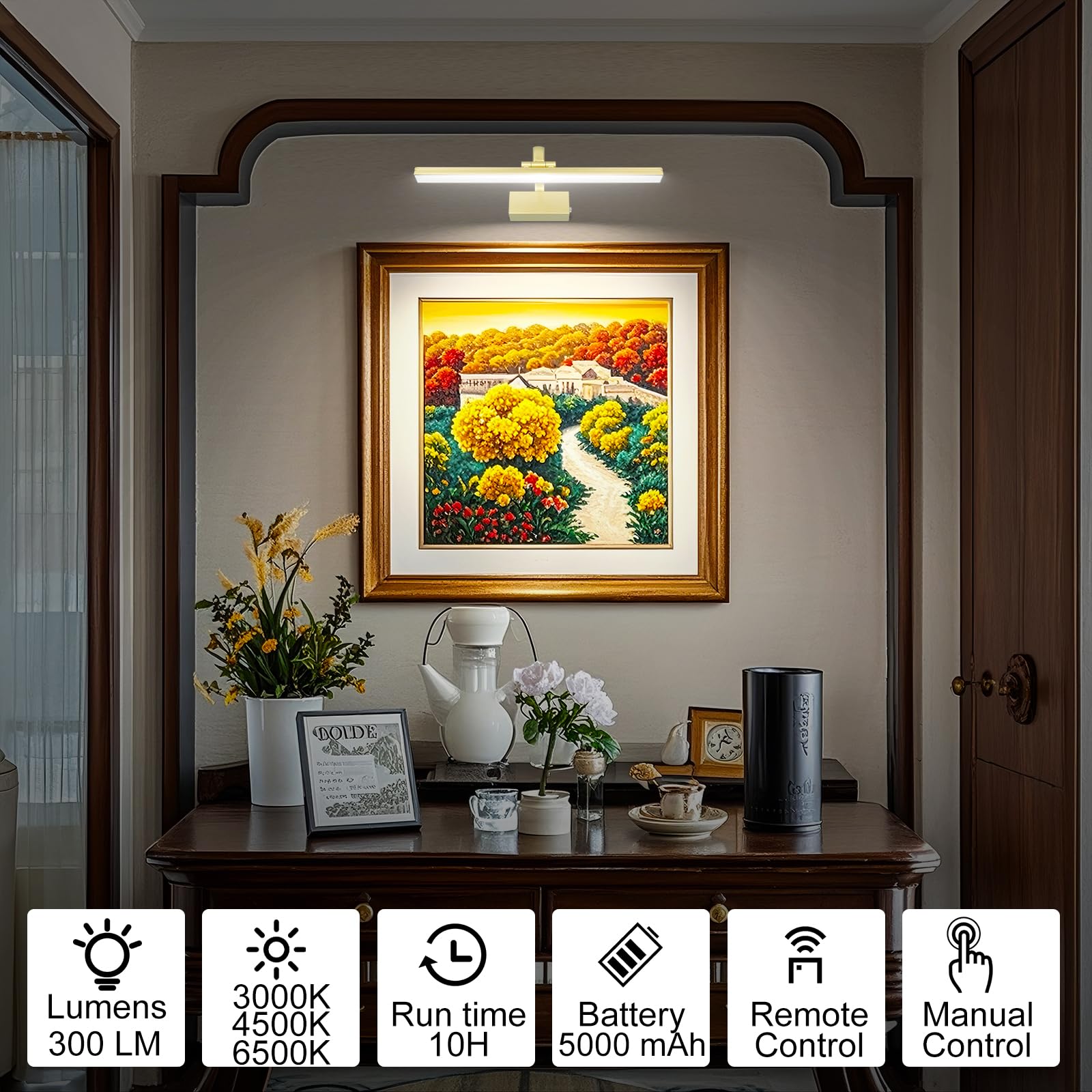 RAIFOOLLY Picture Light, Battery Operated, Remote Dimmable, 3 Modes, 16in Size, discomfort-reducingted Gold, Model RF00181
