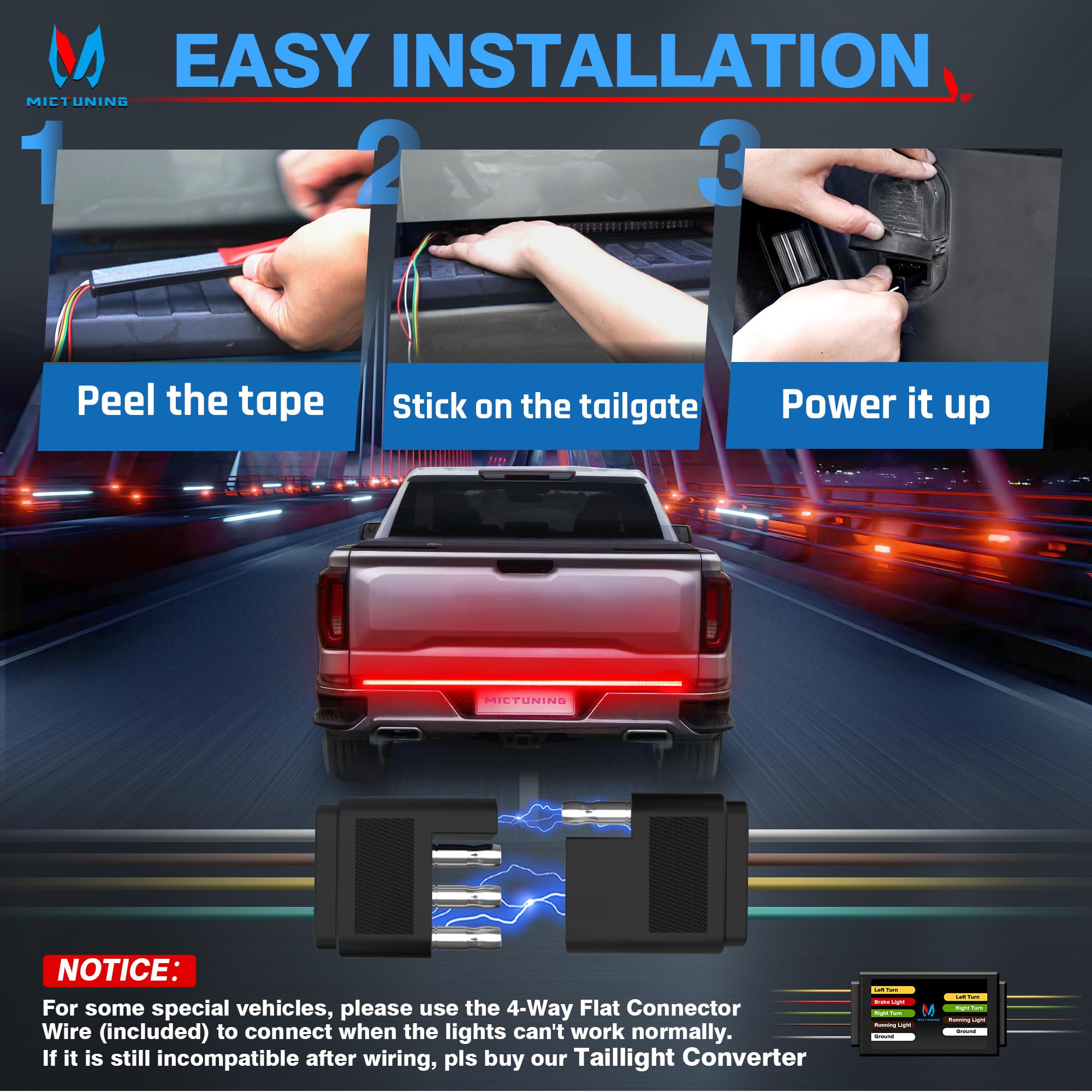 MICTUNING 60" Red Sequential LED Turn Signal & Brake Lamp, Waterproof Tailgate Strip Light, Model MIC-TLS-738, 504 LEDs