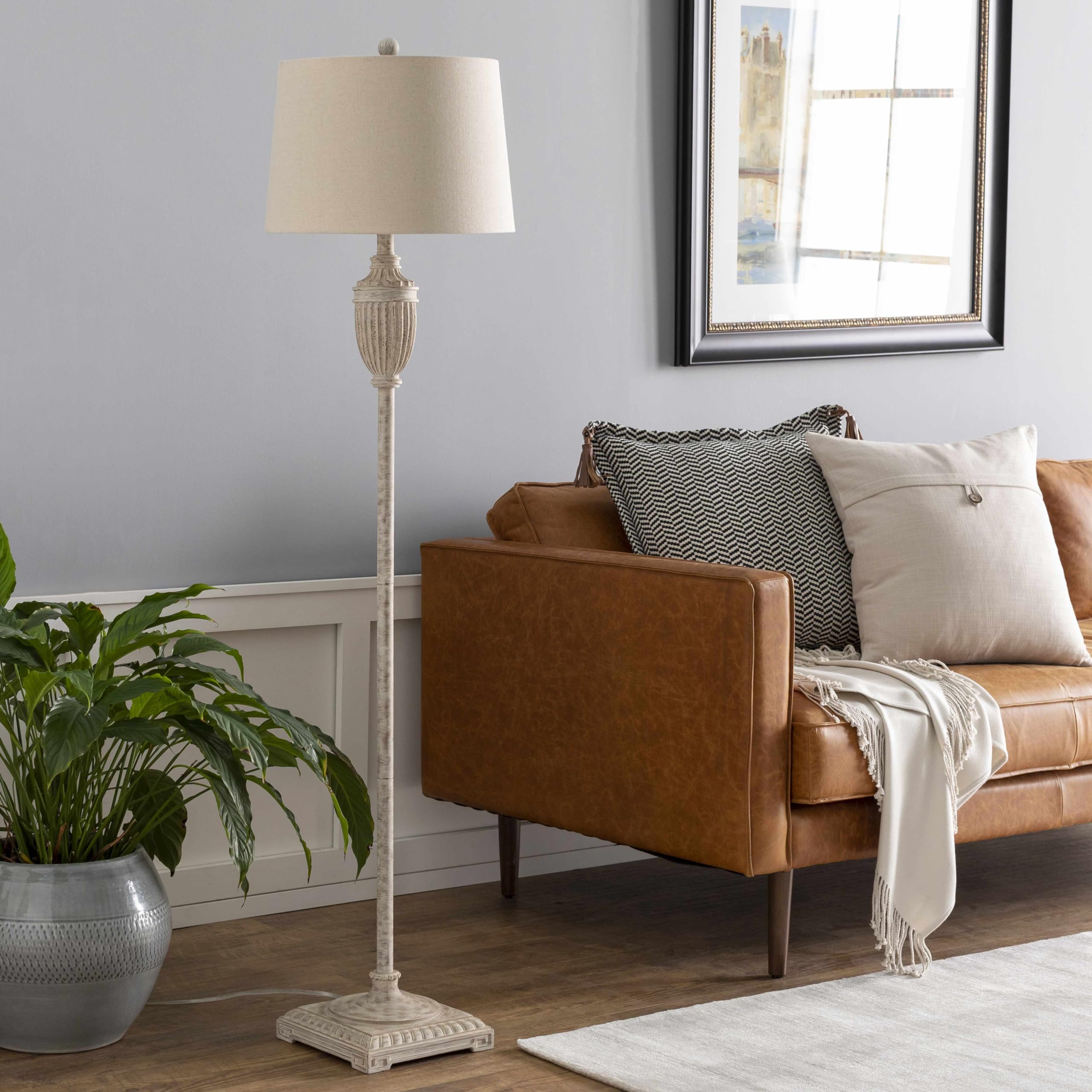 Boutiquerugs Butazon Floor Lamp For Living Room - Boho Standing Lighting - Shade Linen - Cream, White - 59'' H