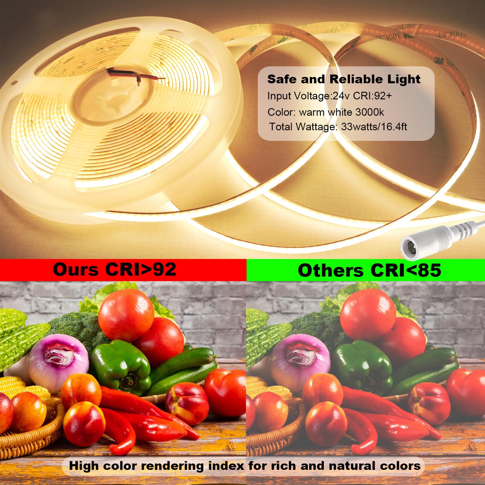 Gxilee Cob Light Strip Cri 93+ Flexible Uniform Warm Led Strip Lights 24V 16.4Ft Non-Waterproof For Cabinet, Bedroom, Kitchen Cl