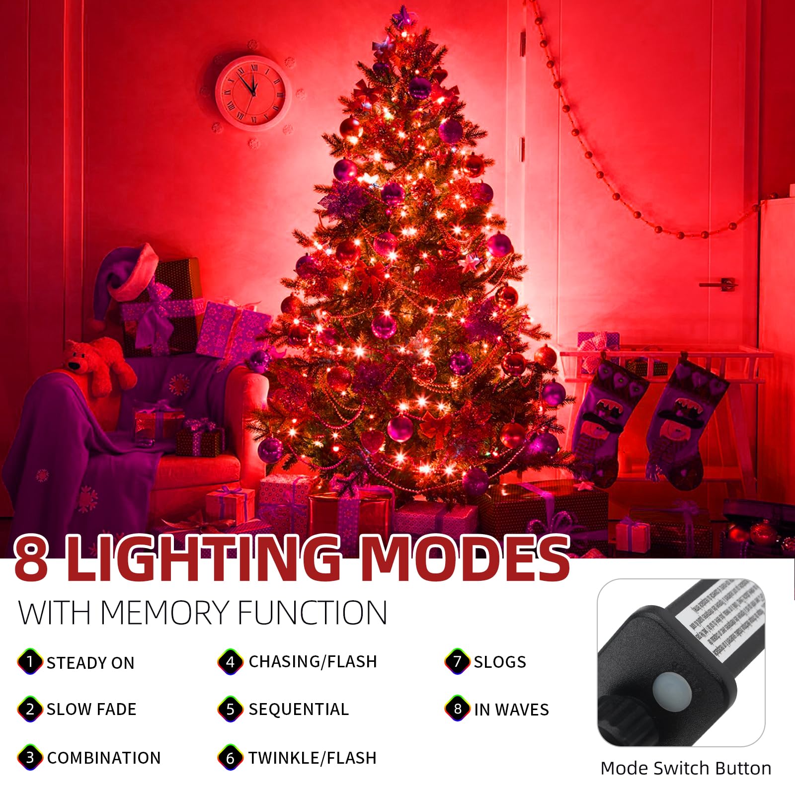 MZD8391 Christmas Lights 105FT 300LEDs Red UL Listed Indoor Outdoor 8 Modes Model QL300AE