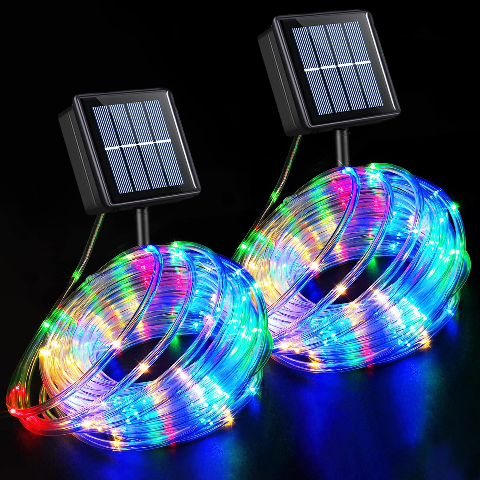 QITONG Christmas Solar Rope Lights, 2 Pack Each 33ft 100 LED Solar Rope Lights Outdoor Waterproof, 8 Modes Clear Tube Christmas 