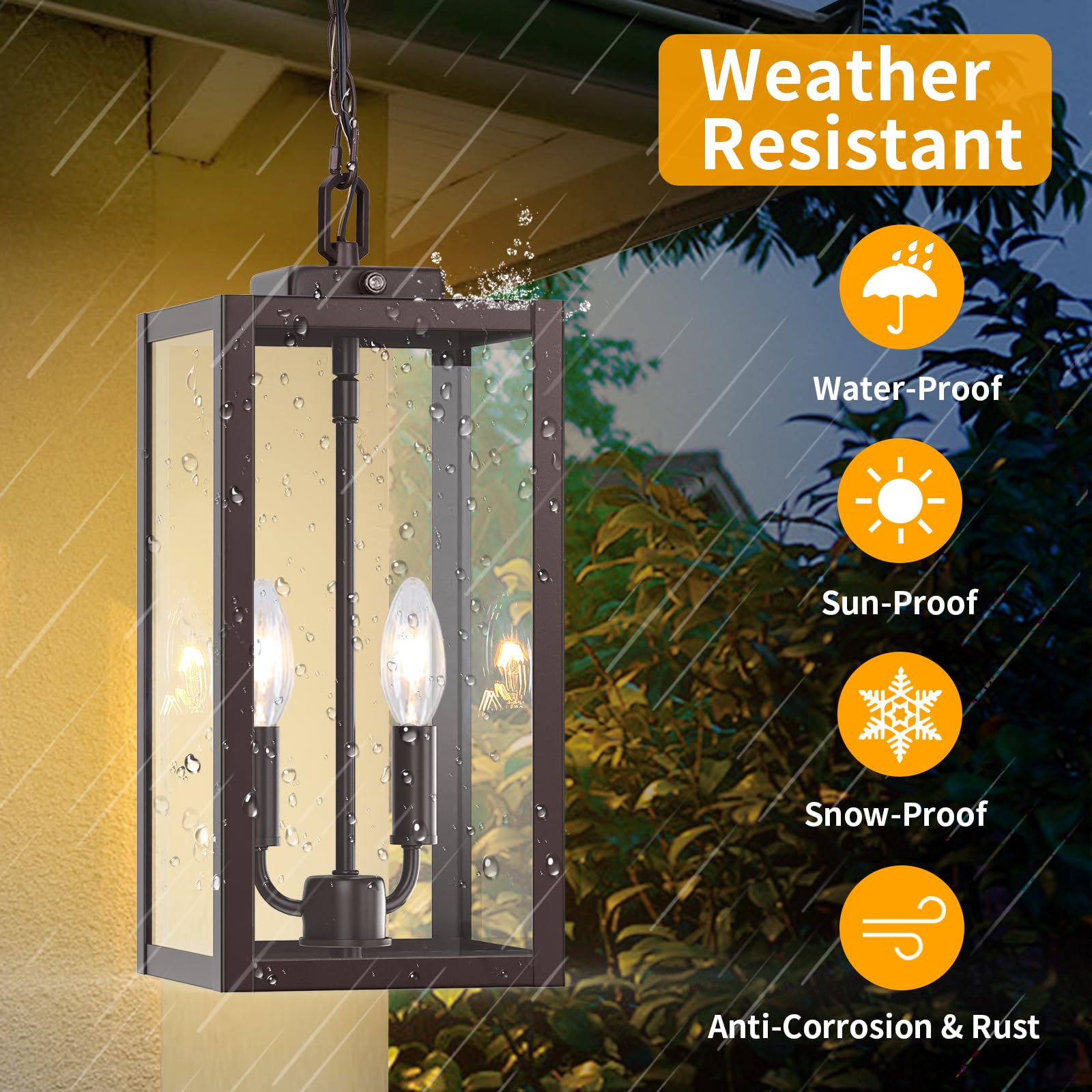 15.3'' Large Outdoor Pendant Light 2-Light, Dusk To Dawn Modern Brown Metal Outside Chandelier Exterior Hanging Fixture Ceiling