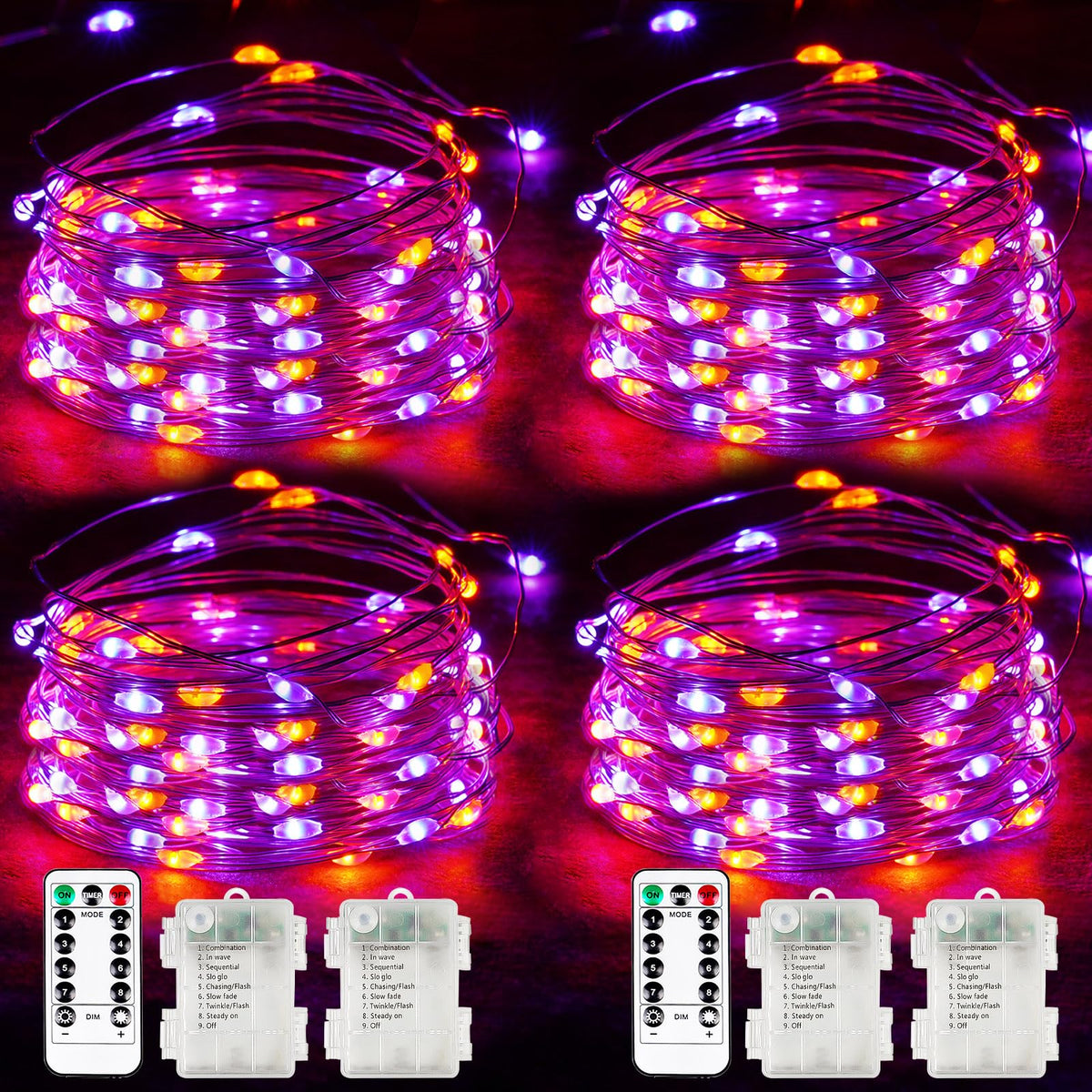 4-Pack 33Ft 100 Led Fairy Lights Battery Operated With Remote & Timer, Fairy Halloween String Lights, Waterproof 8 Modes Twinkle