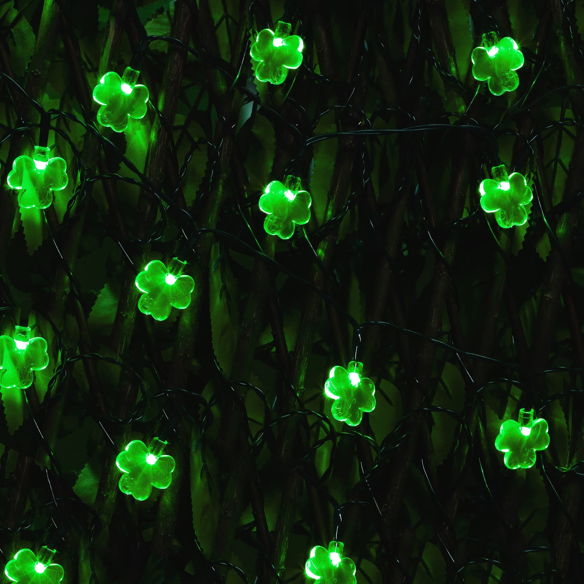 WATERGLIDE 50 LED St. Patrick's Day Shamrock String Lights, Battery Operated, Waterproof, 8 Lighting Modes, Green Decor for Party & Garden
