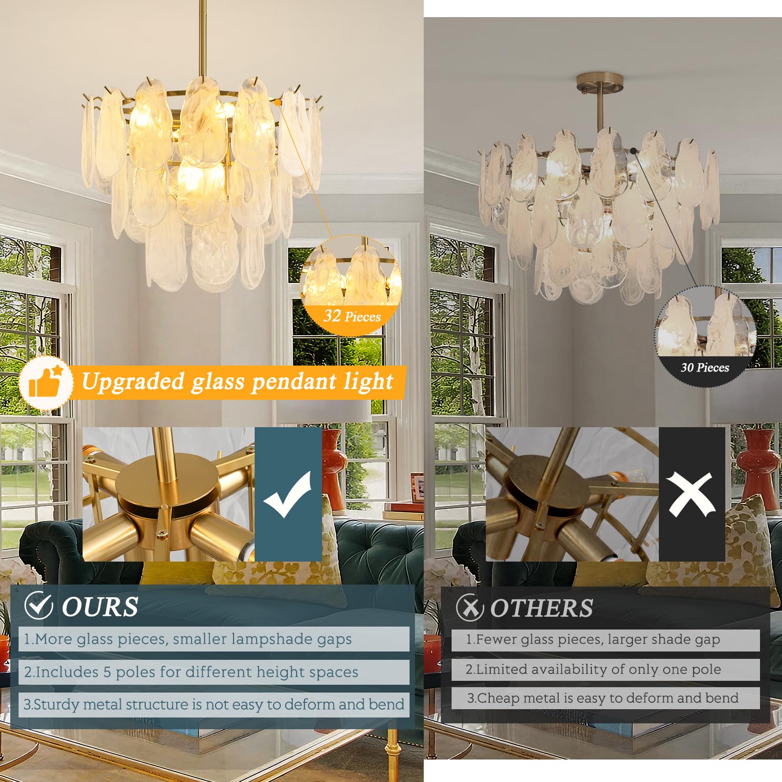 Modern Gold Cloud Glass Chandeliers, 19.68 Inches Creative Crystal Pendant Ceiling Fixture, 2 Tier Luxury Height Adjustable Chan