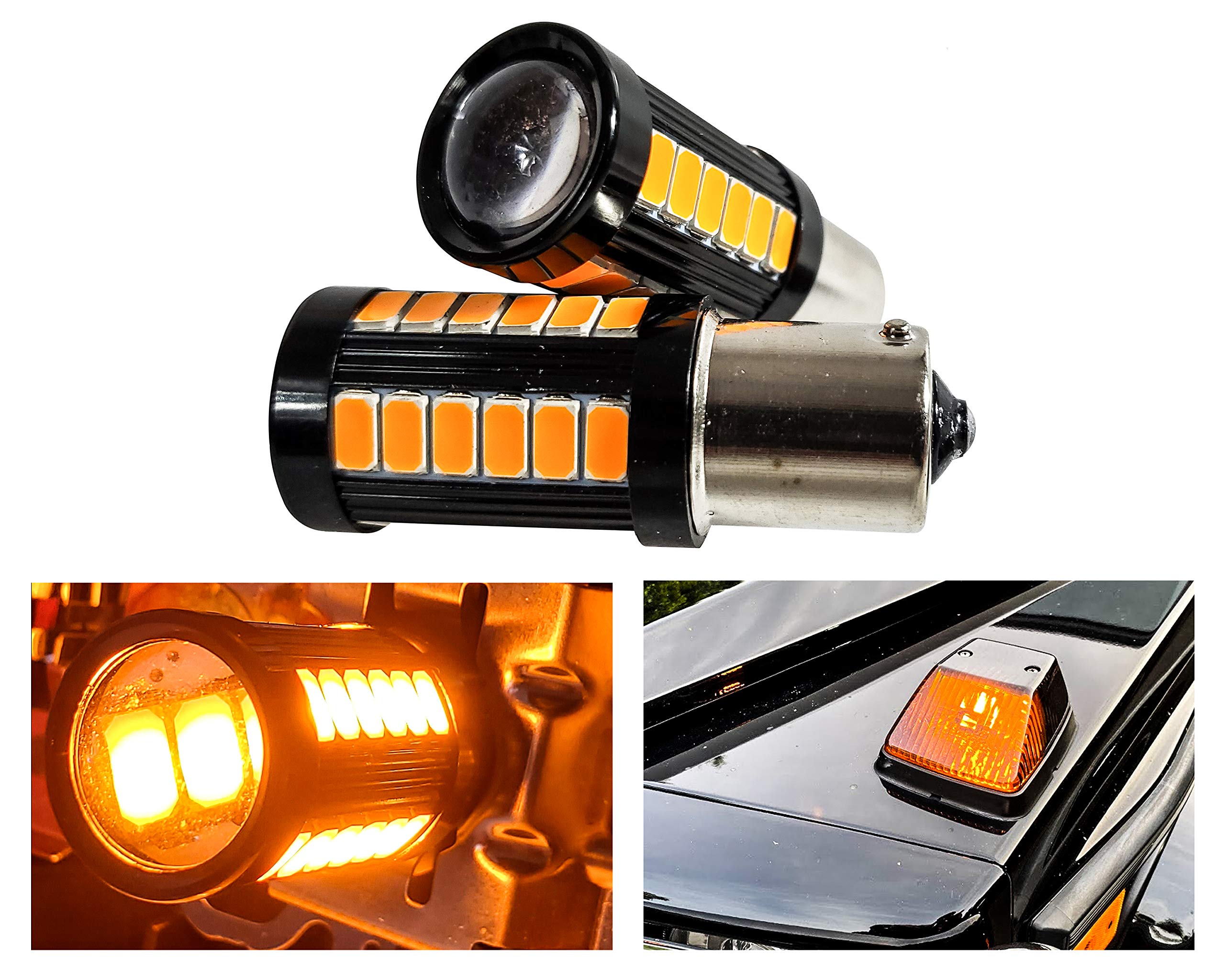 (W) Pack of 2 Amber LED 1156 Bulb 33-SMD Error Free LED Lamp with Projector Lens for Running Lights Turn Signals Marker