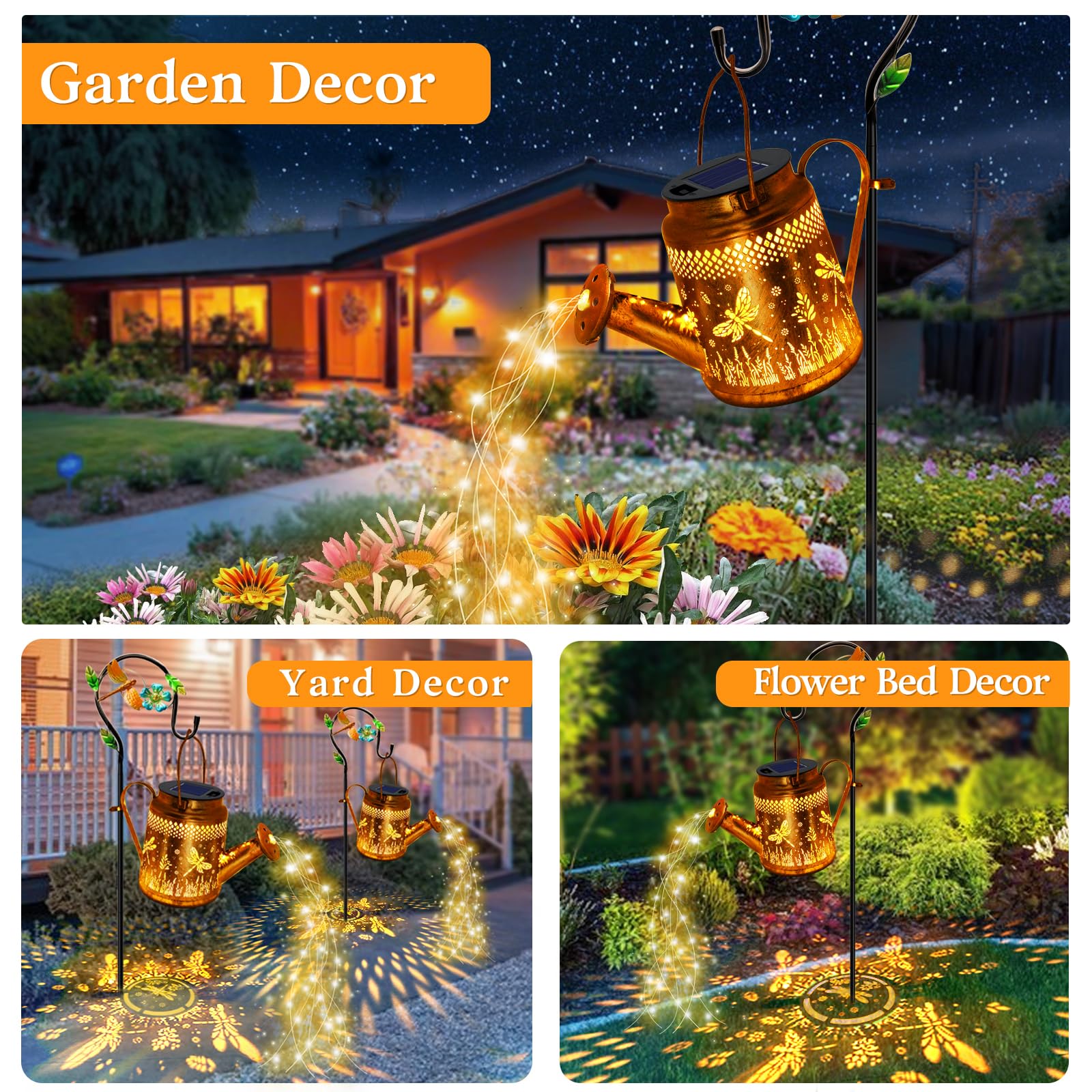 Solar Lights Outdoor Garden Decor, Dragonfly Hanging Watering Can Landscape Lights Waterproof Yard Decorations For Outside Porch
